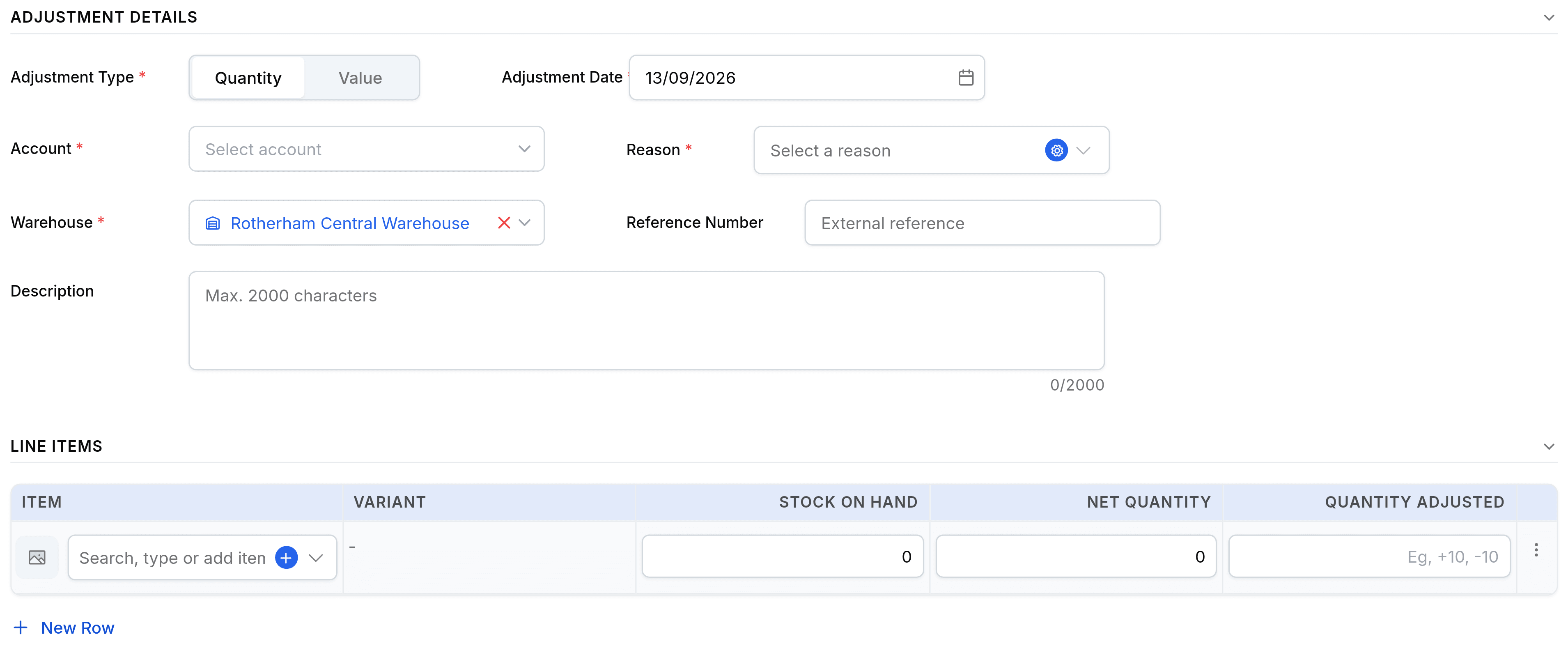 The New Adjustment form. Adjustment Details holds a required Mode of Adjustment toggle set to Quantity over Value, a required Date, a required Account picker, a required Reason picker reading Select a reason, a required Warehouse set to Rotherham Central Warehouse, a Reference Number field and a Description box. A Line Items table below has columns Item Details, Variant, Quantity Available, Net Quantity on Hand and Quantity Adjusted, the last showing the placeholder Eg, plus 10, minus 10. The footer carries Attachments, Cancel, Save as Draft and Adjust Inventory.
