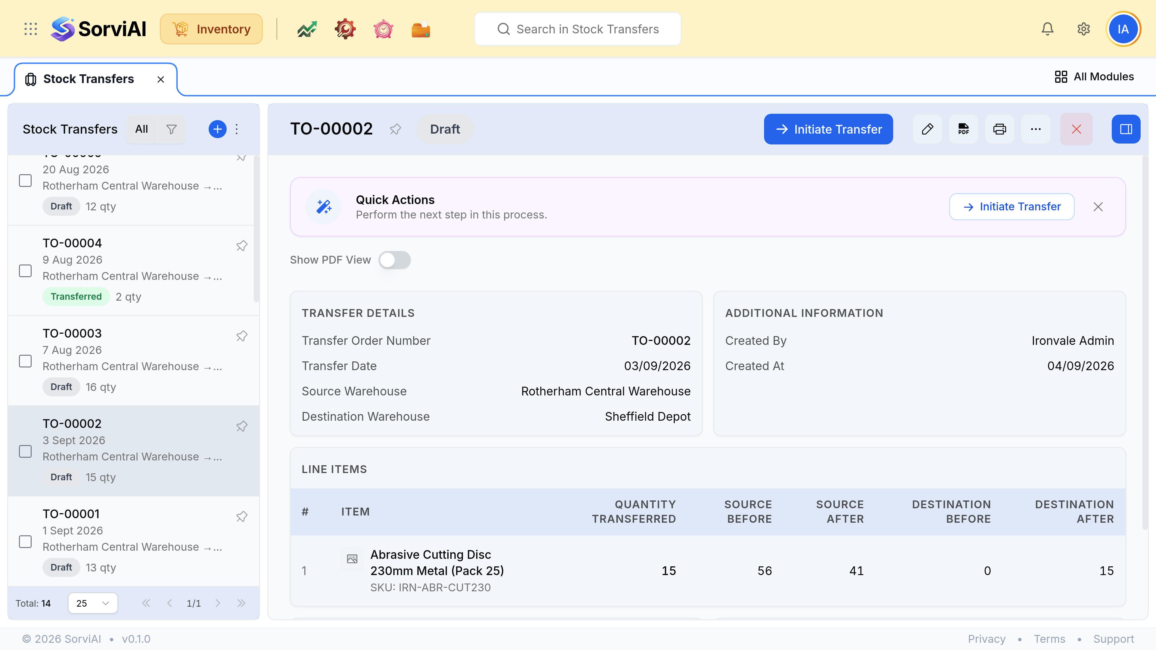 A transfer order record showing its source and destination warehouses, its reason, its status and the item lines and quantities being moved.