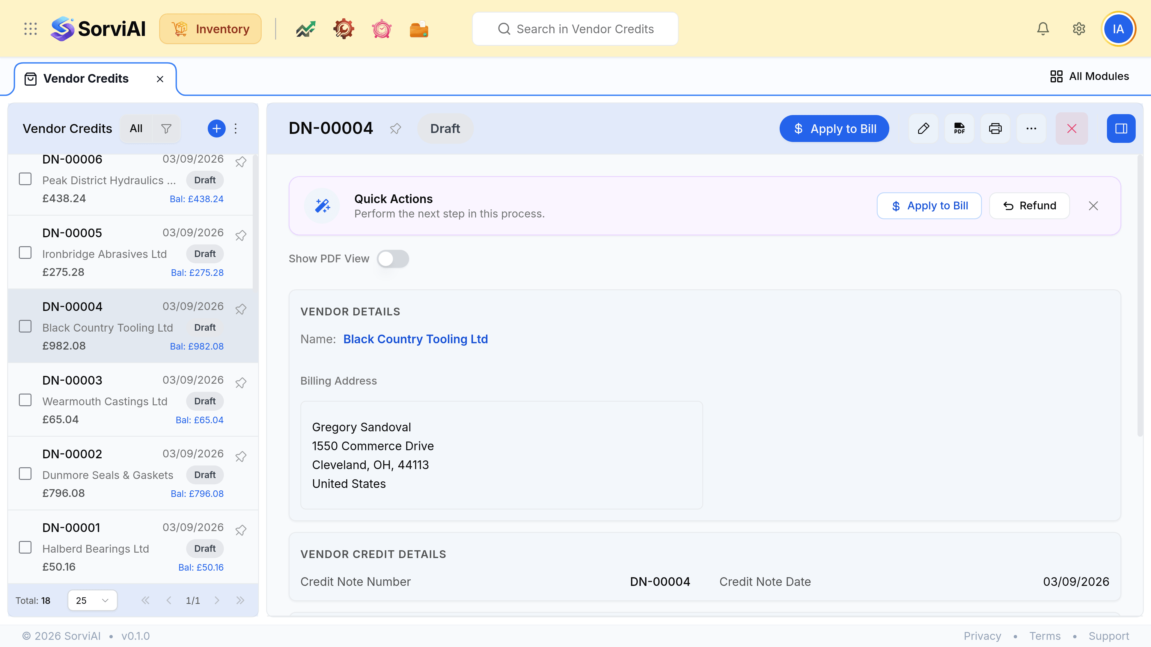 A vendor credit record showing its number and status, the supplier, the bill it corrects, the credited lines and the total, alongside an activity panel.