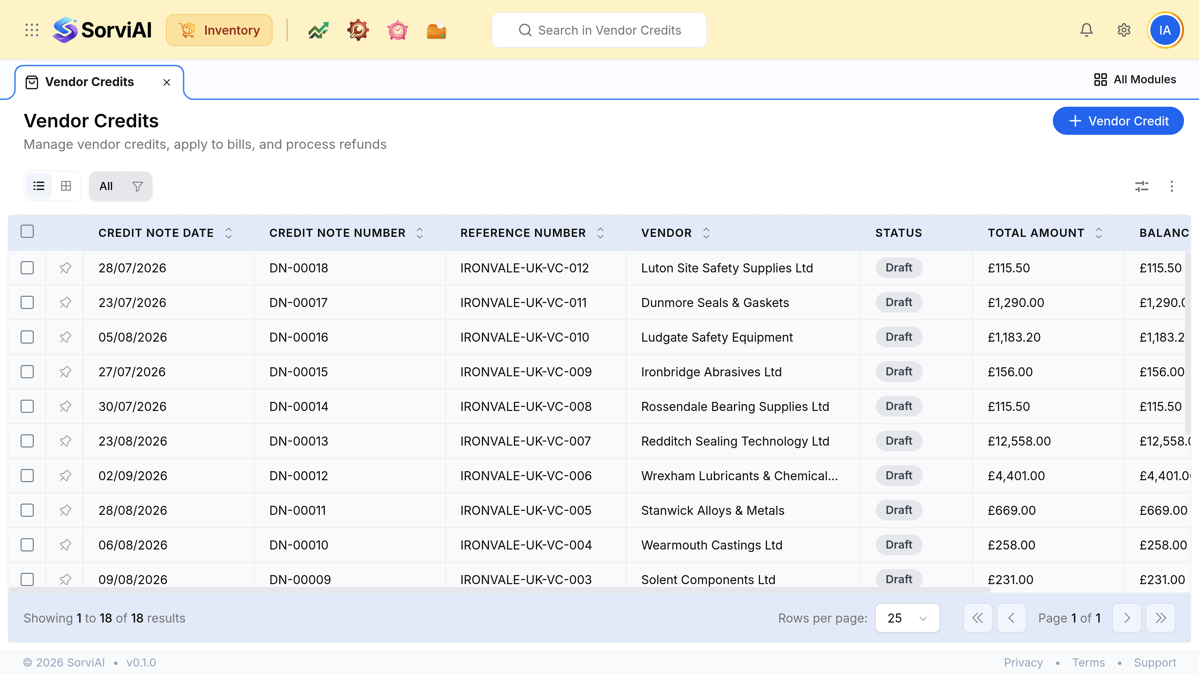 The Vendor Credits list with columns for credit date, credit number, vendor, the bill corrected, status and amount, and the action for raising a new credit.