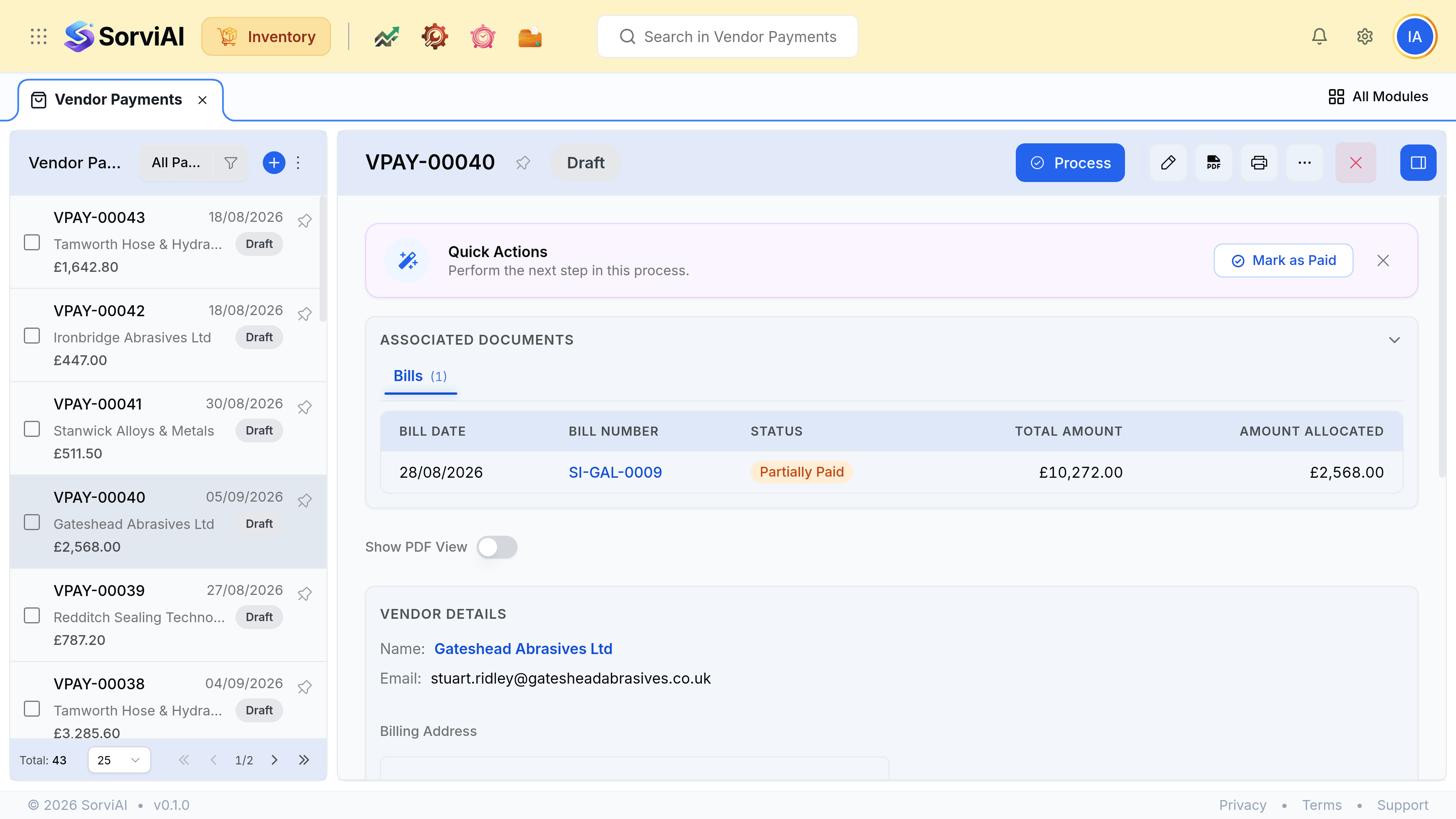 A vendor payment record showing its number, date, mode and amount, the supplier and the bills it has been applied against, alongside an activity panel.