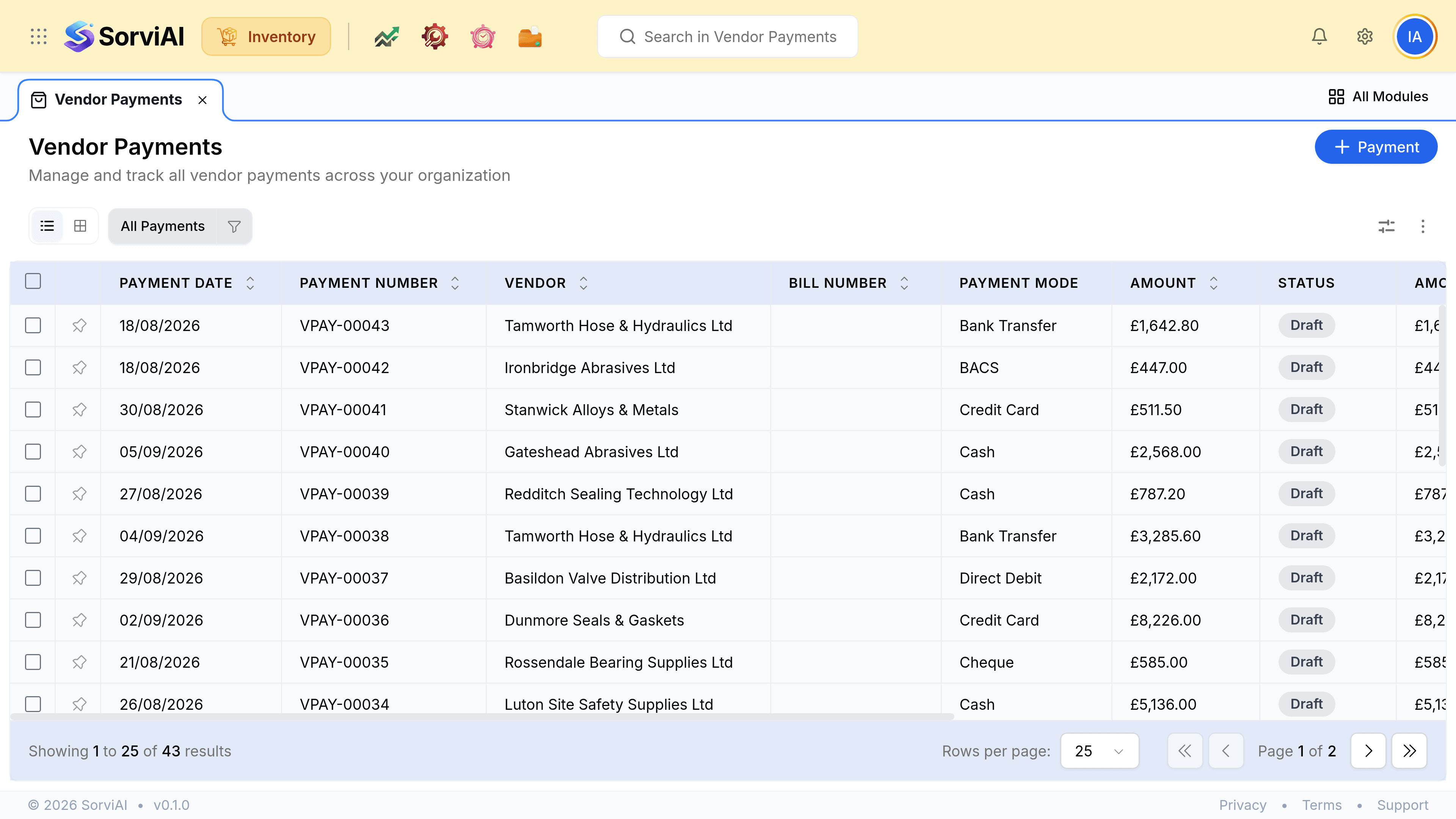 The Vendor Payments list with columns for payment date, payment number, reference, vendor, the bill settled, payment mode and amount, and the action for recording a new payment.