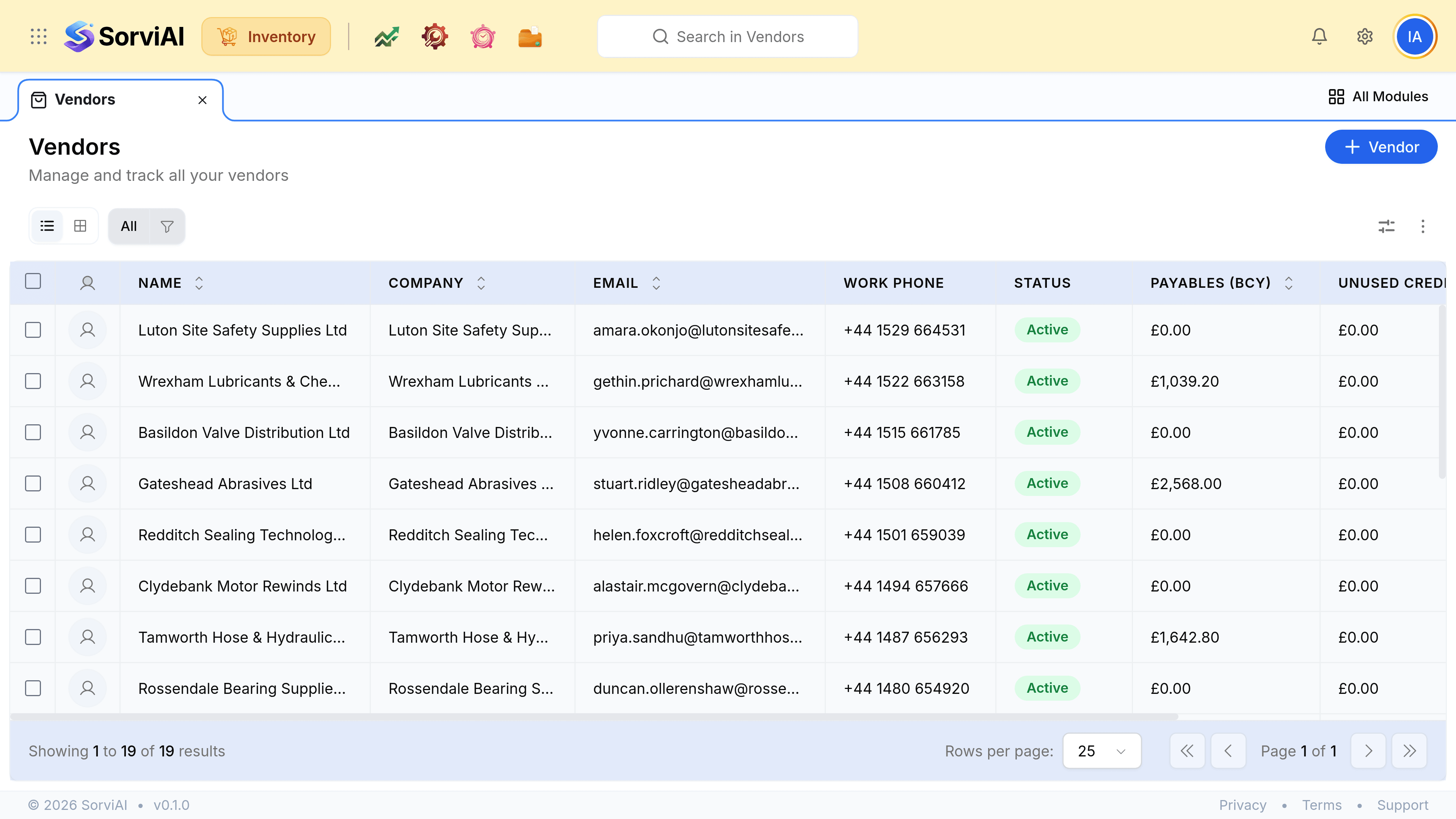 The Vendors list showing UK suppliers with their contact details and status, and the action for adding a new one.