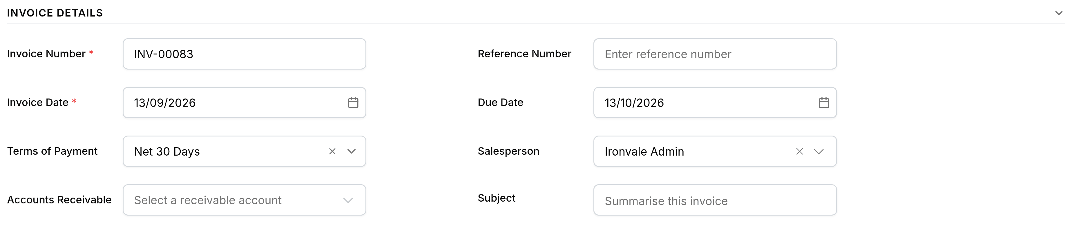 The Invoice Details section of the invoice form: Invoice Number and Invoice Date are required, alongside Reference Number, Due Date, Terms of Payment set to Net 30 Days, Salesperson, Accounts Receivable and Subject.