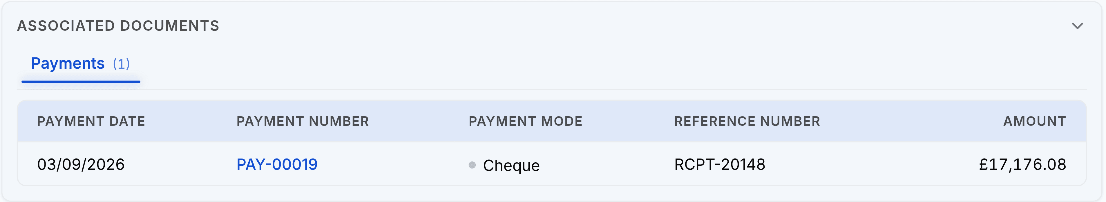 The Associated Documents panel on an invoice, with a Payments tab showing one payment: dated 03/09/2026, numbered PAY-00019, mode Cheque, reference RCPT-20148, amount 17,176.08 pounds.
