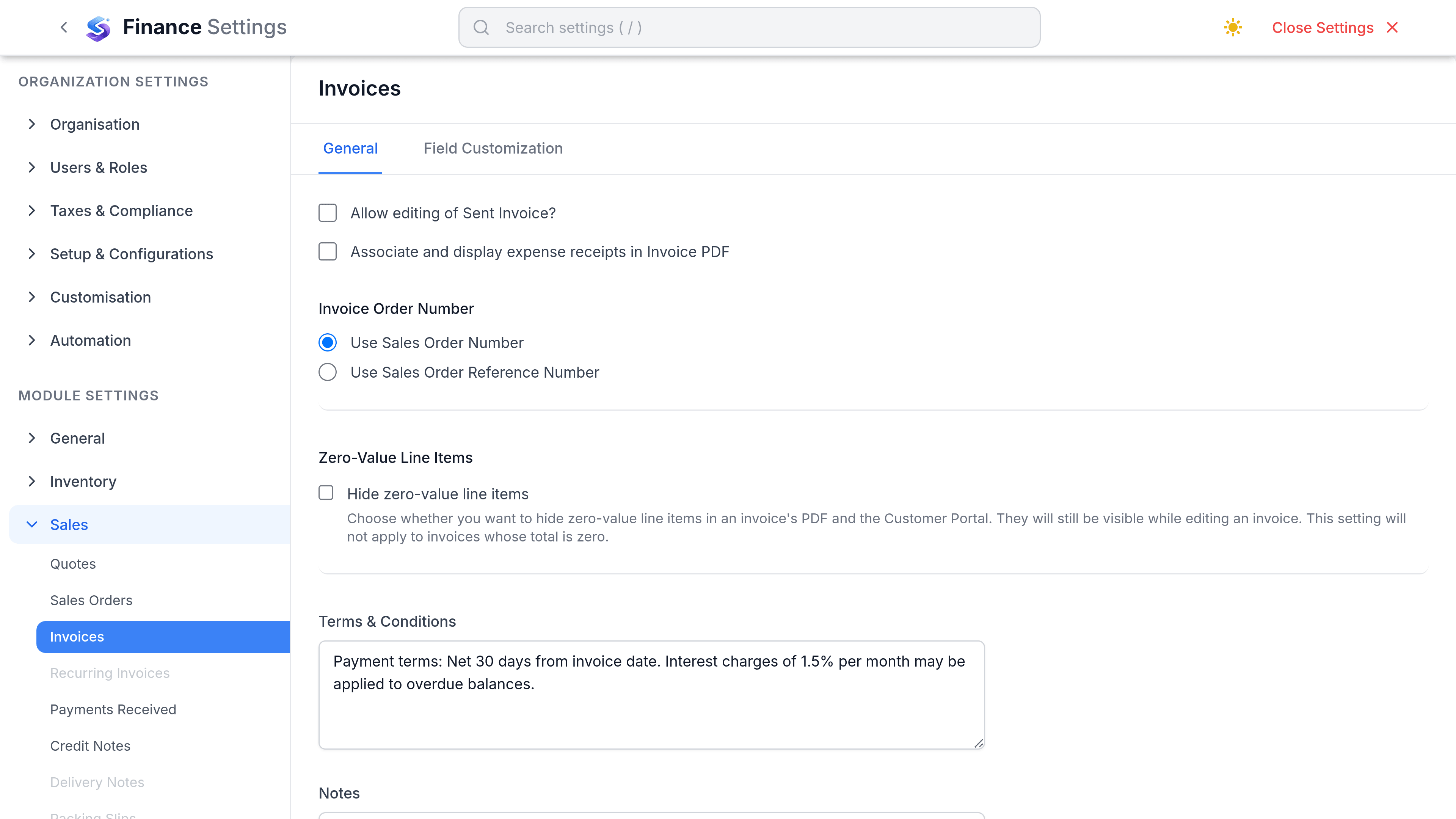 The Invoice Settings tab of Finance Settings. Switches cover allowing edits to sent invoices, hiding zero-value line items and attaching expense receipts to the PDF. An Invoice Order Number picker is set to Use Sales Order Number, and a Defaults section holds default terms and conditions and default notes.