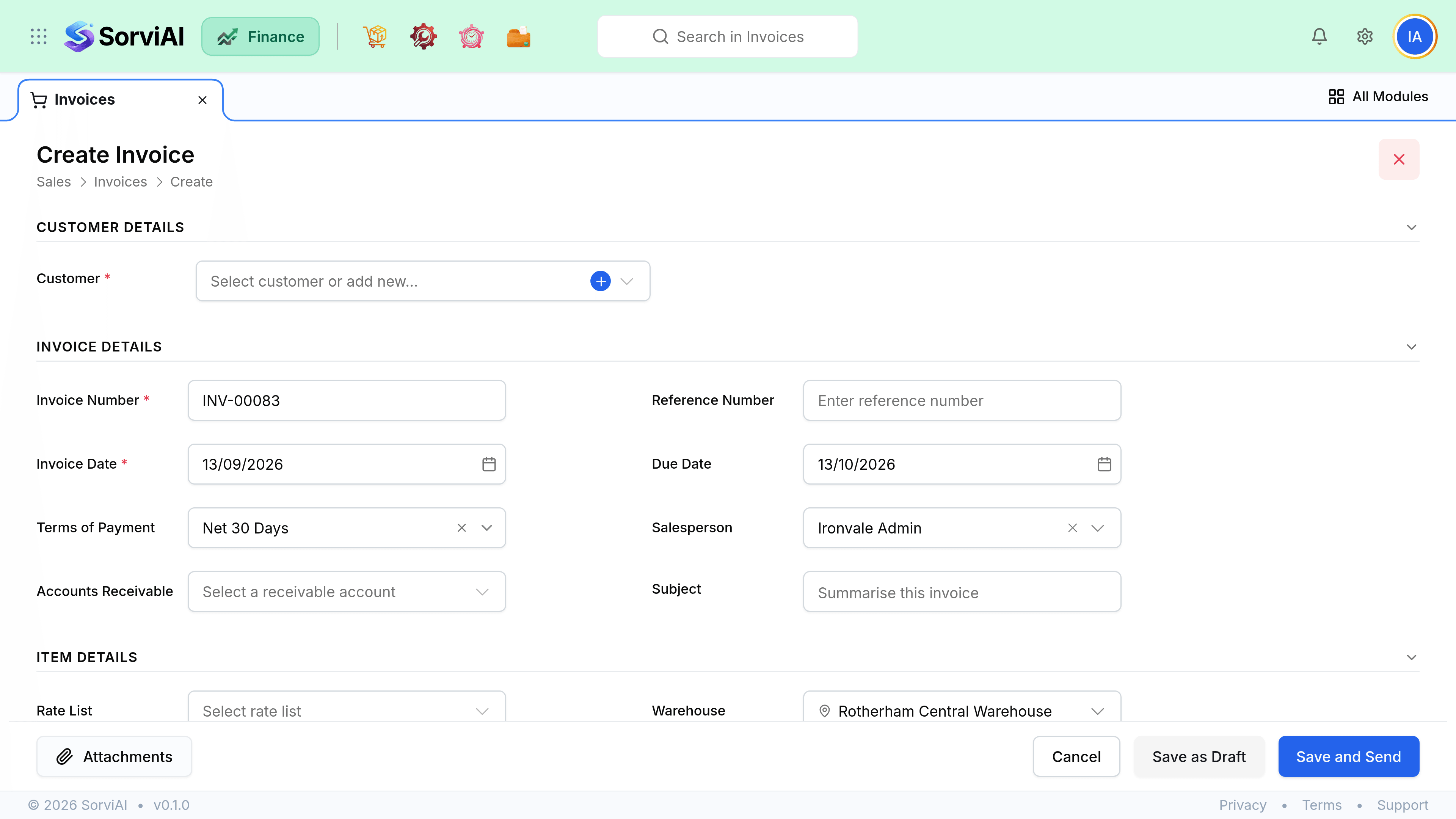 The Create Invoice form. Invoice Details holds Invoice Number, Invoice Date, Terms of Payment, Accounts Receivable, Reference Number, Due Date, Salesperson and Subject. Item Details below carries a rate list, a warehouse picker and a line table with columns for Item, Manufacturer, Variant, Lead Time, Qty, Rate, Tax and Amount. Save as Draft and Save and Send sit in the bar at the foot.