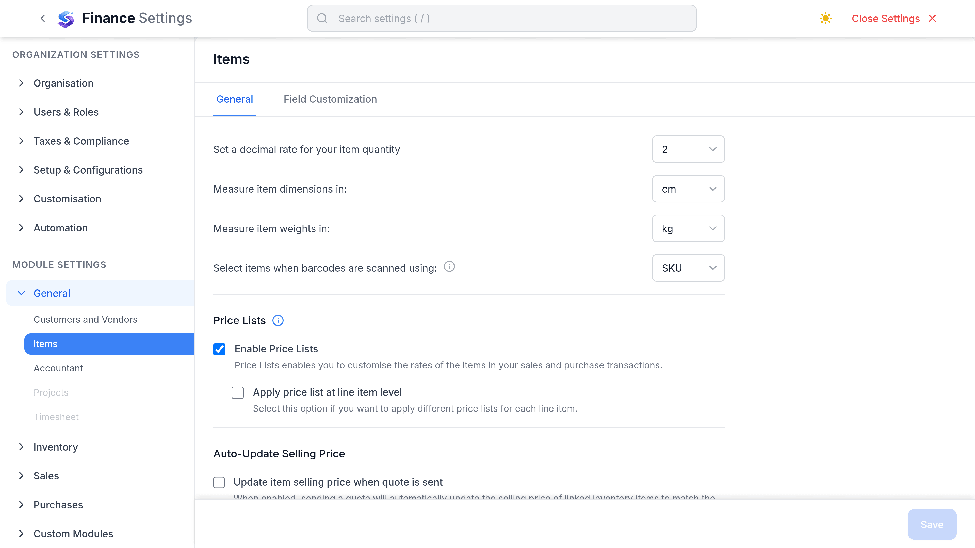 The Items settings screen. A Defaults section carries switches for creating new items as services, creating new items with variants, and allowing duplicate item names. A General section below sets quantity decimal places and the dimension unit.