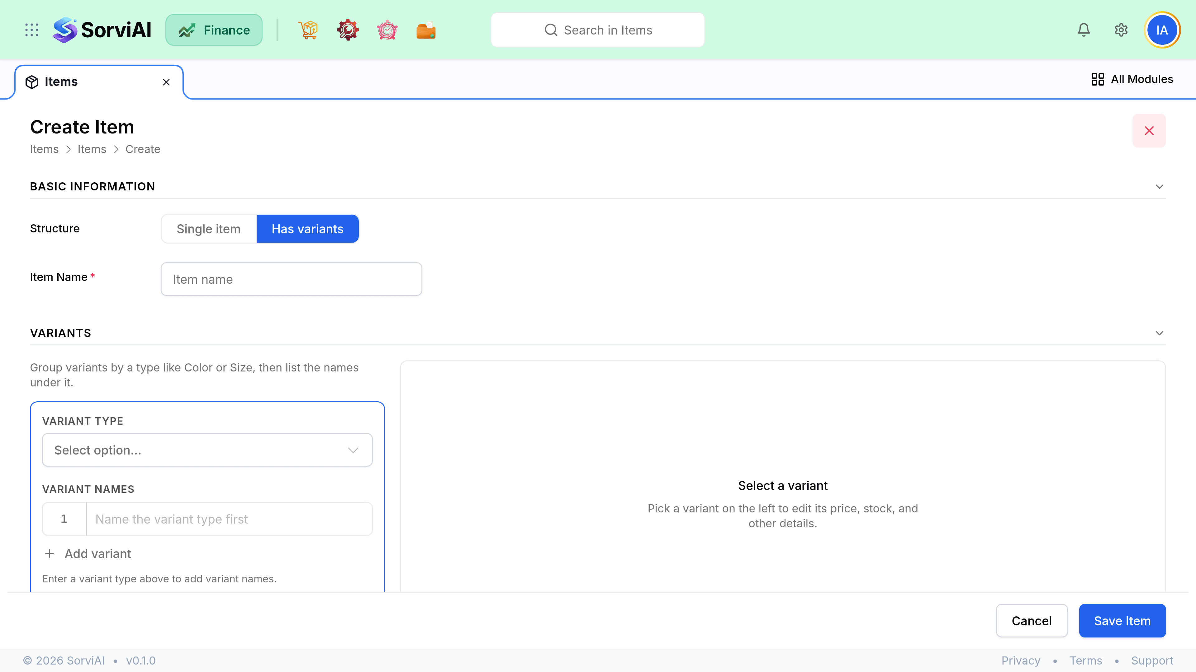 The Create Item form with Structure set to Has variants. A Variants panel lists Variant type as a dropdown and Variant names beneath it, with Add variant below and an empty detail pane to the right reading Select a variant.