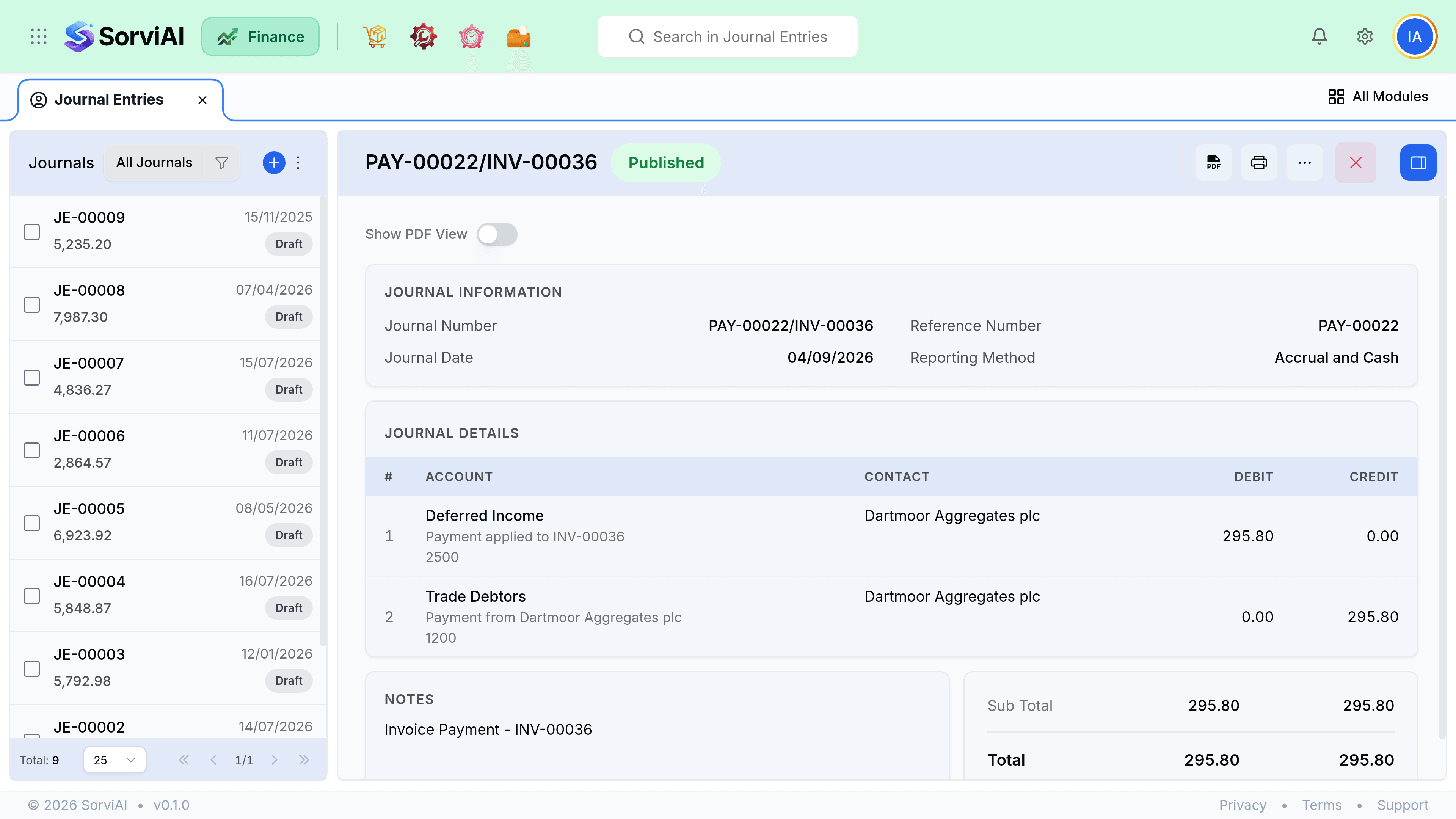An open journal entry, JE-00001, showing its date, reference, status and the account lines with their debit and credit amounts.