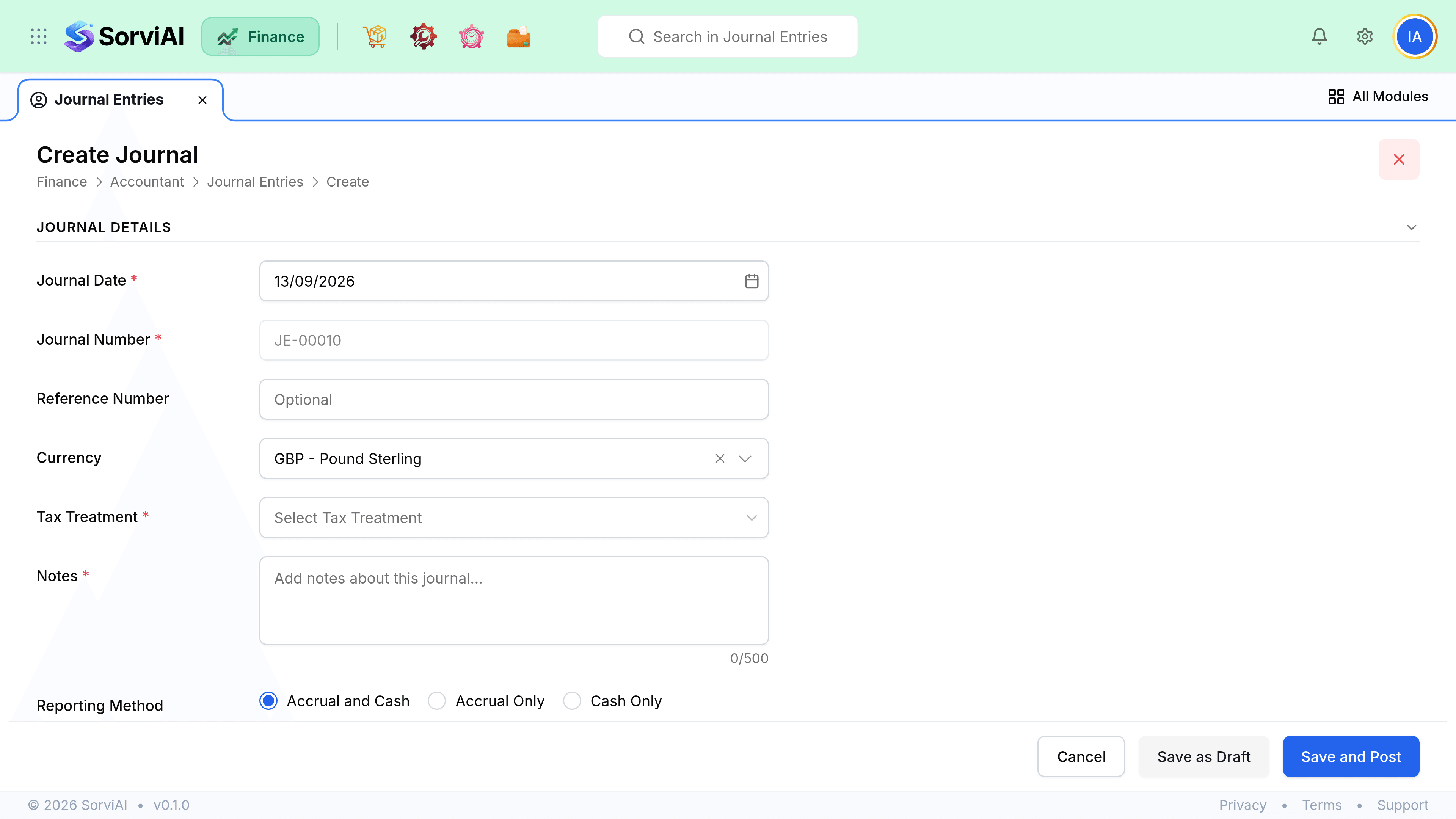 The New Journal screen, where the date, journal number, reference and notes sit above a line grid taking an account, a description and a debit or credit amount on each row, with running totals beneath.
