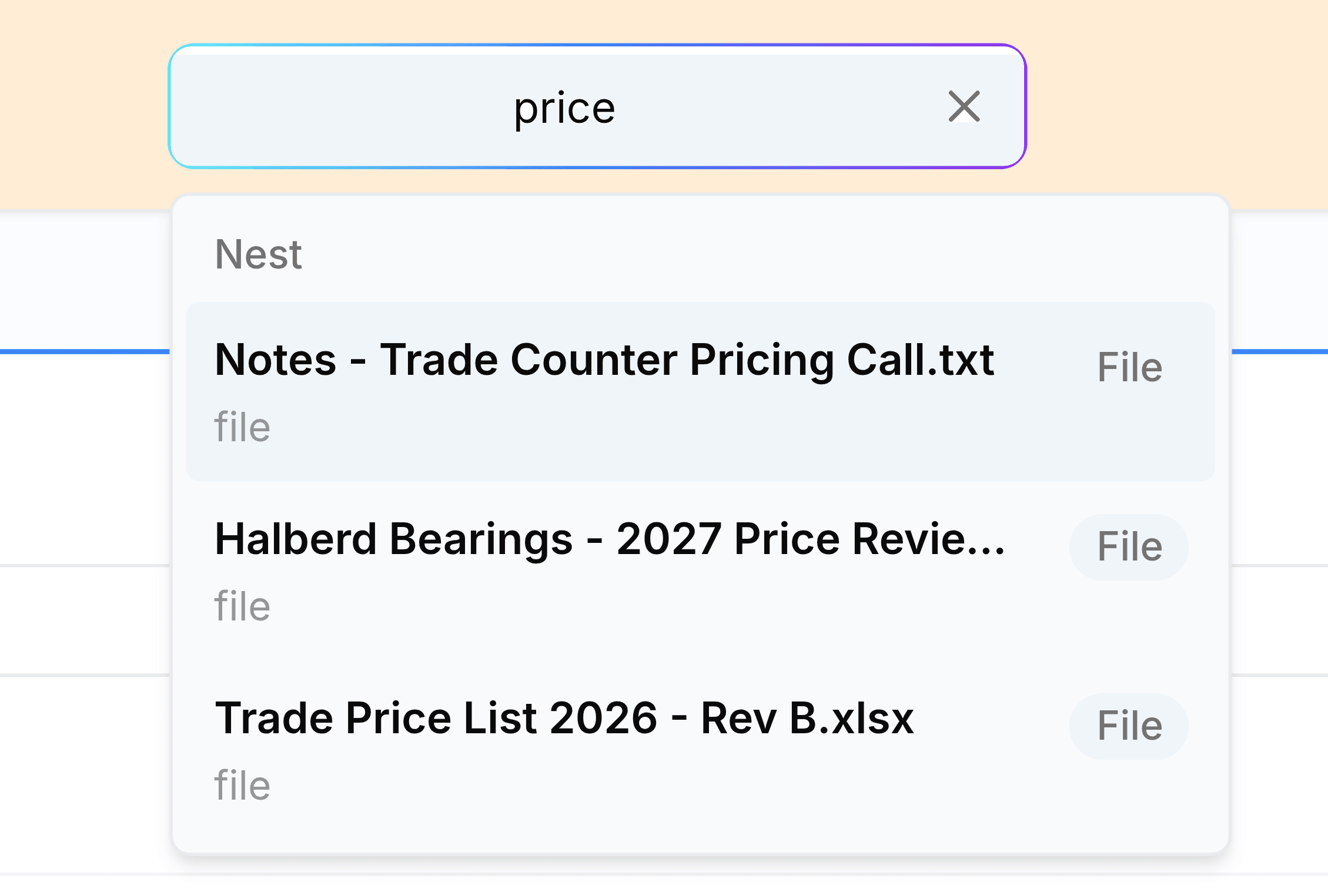 The Nest search bar holding the word price, with a panel open beneath it headed Nest. It lists three matches, each tagged File: Notes - Trade Counter Pricing Call.txt, highlighted, then Halberd Bearings - 2027 Price Review and Trade Price List 2026 - Rev B.xlsx.