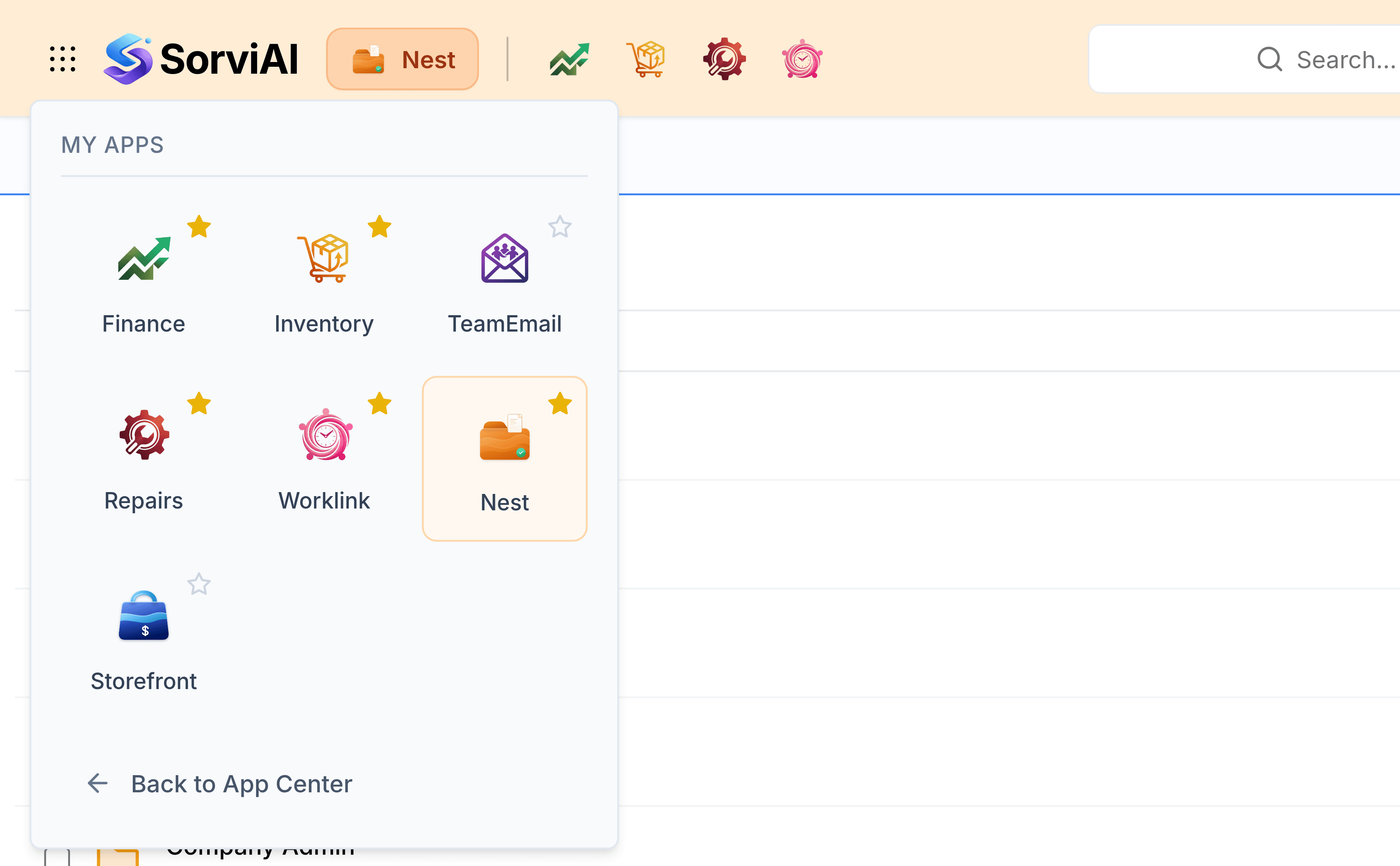 The app switcher open under the grid of dots in the header, headed My Apps, showing Finance, Inventory, TeamEmail, Repairs, Worklink, Nest and Storefront. Nest is highlighted as the app in use, and Back to App Center sits at the foot of the menu.