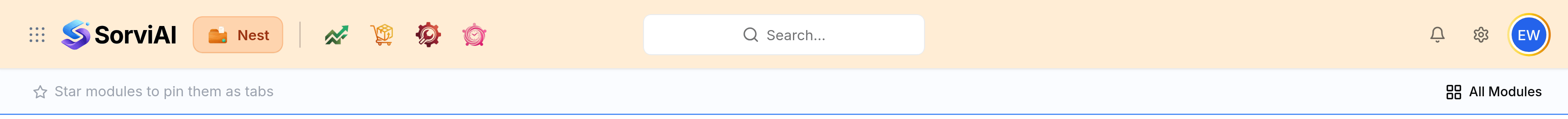 The two strips at the top of Nest. The header holds the app switcher, the SorviAI logo, a Nest pill, four starred app icons, a search box, a bell, a cog and an avatar. The strip below reads Star modules to pin them as tabs on the left and All Modules on the right.