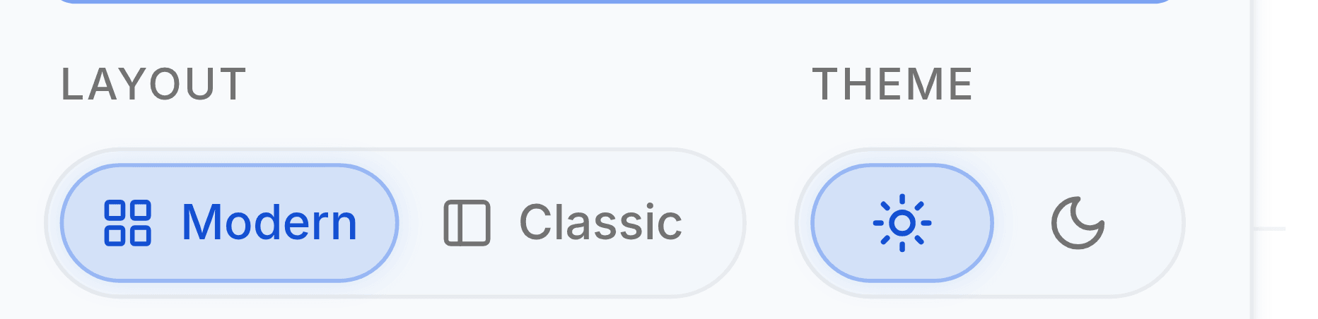 Part of the menu under the avatar. Under Layout, Modern is selected and Classic sits beside it; under Theme, the sun is selected and a moon sits beside it.