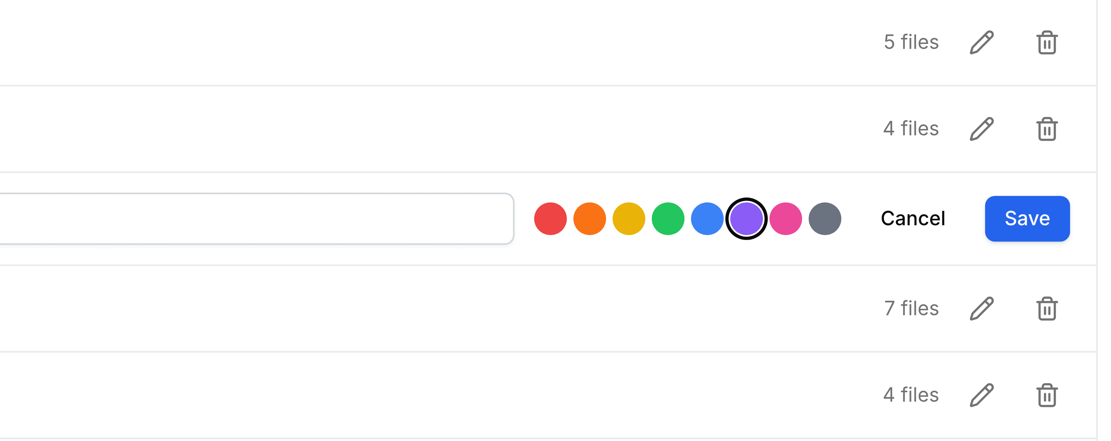 The Board label's row in edit mode, among the other labels. The right-hand end of its name box is followed by eight colour swatches with purple ringed, then Cancel and a blue Save button. The rows above and below still show their file counts, pencils and bins.