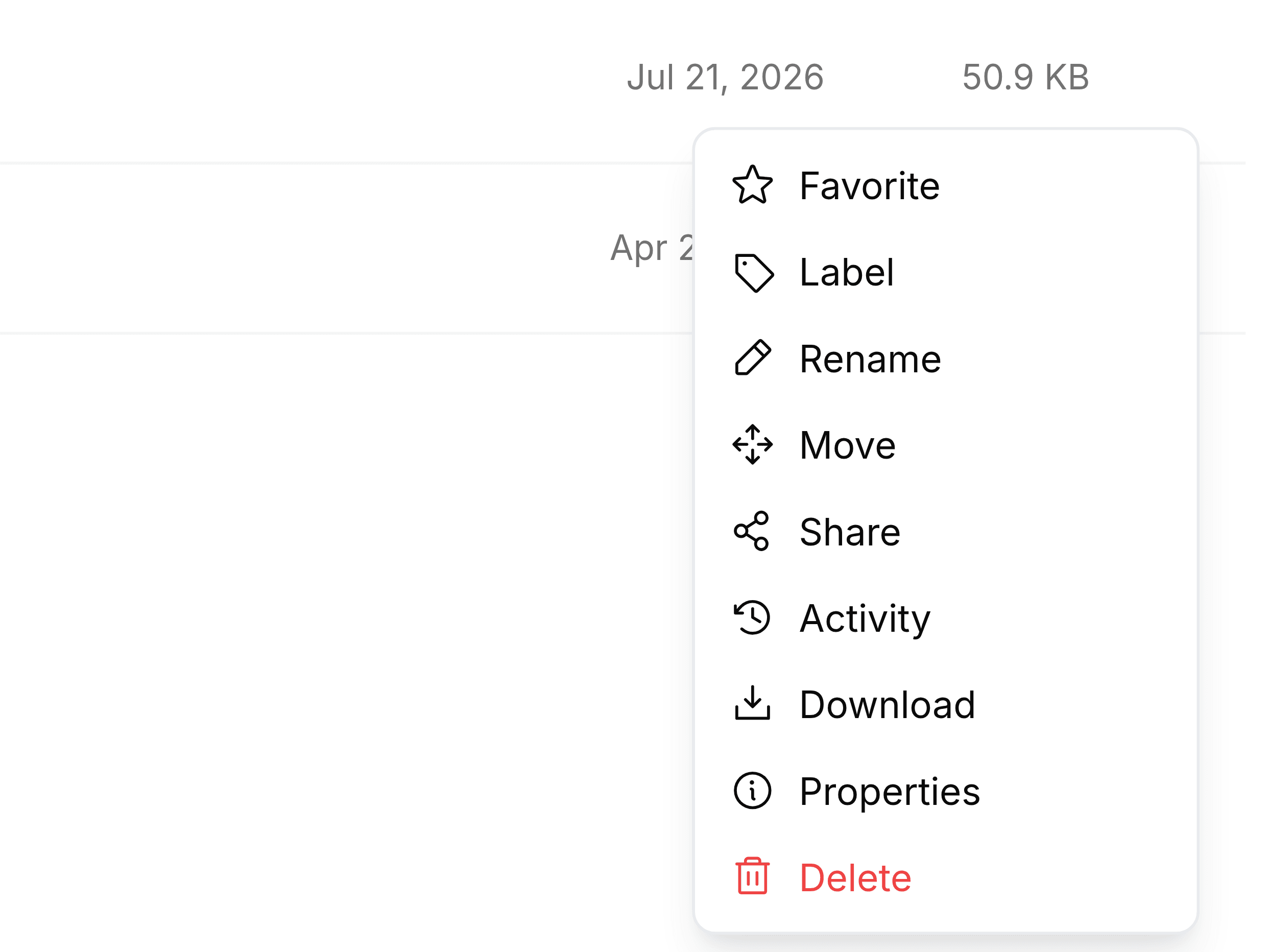 The menu for the file Board Pack - Q2 2026.pdf in the Board Packs folder. Its entries are Favorite, Label, Rename, Move, Share, Activity, Download, Properties and, in red, Delete.