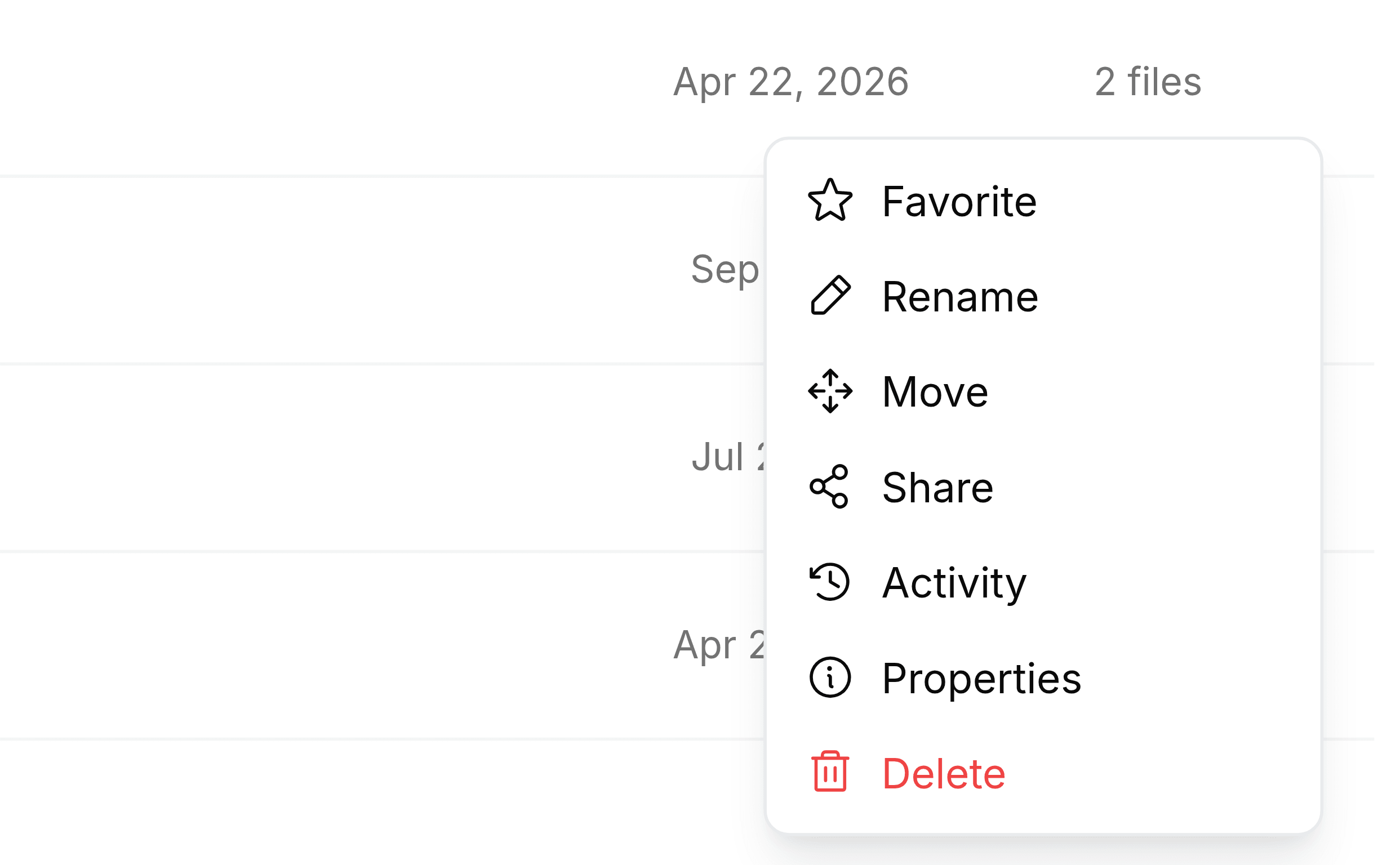 The menu for the Minutes folder inside Board Packs. Its entries are Favorite, Rename, Move, Share, Activity, Properties and, in red, Delete. There is no Label entry.