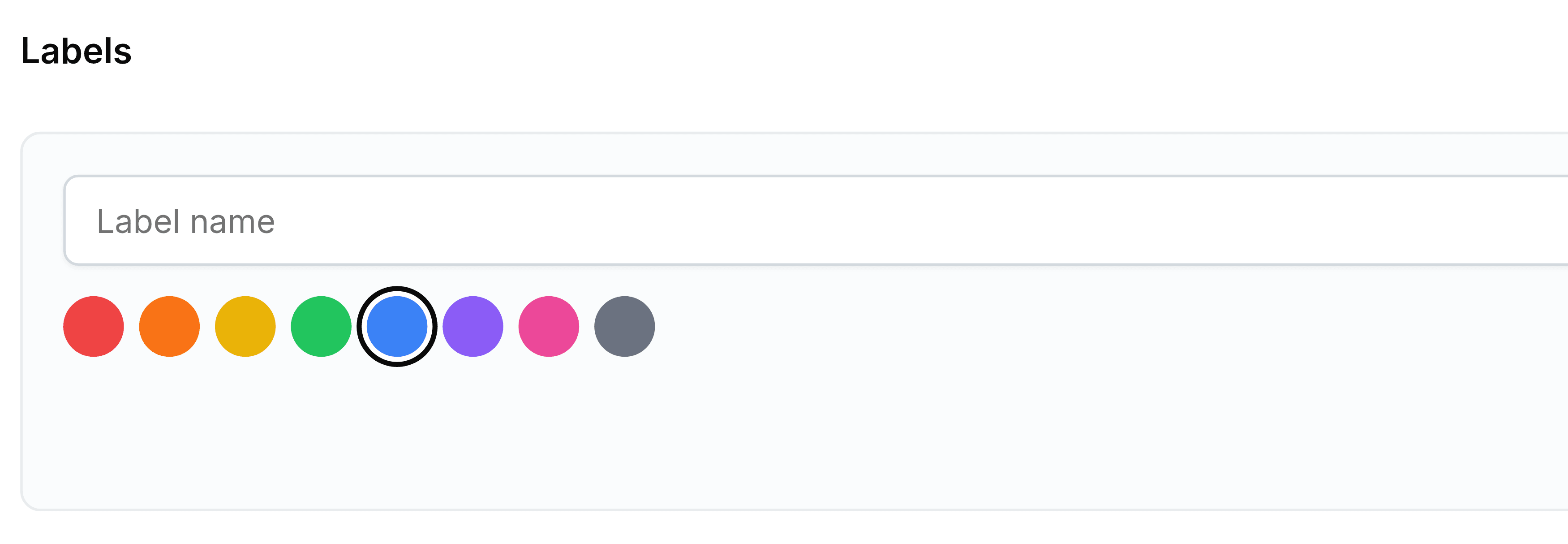 The form that opens at the top of the Labels screen: an empty box reading Label name, and beneath it a row of eight round colour swatches in red, orange, yellow, green, blue, purple, pink and grey, with the blue one ringed to show it is selected.