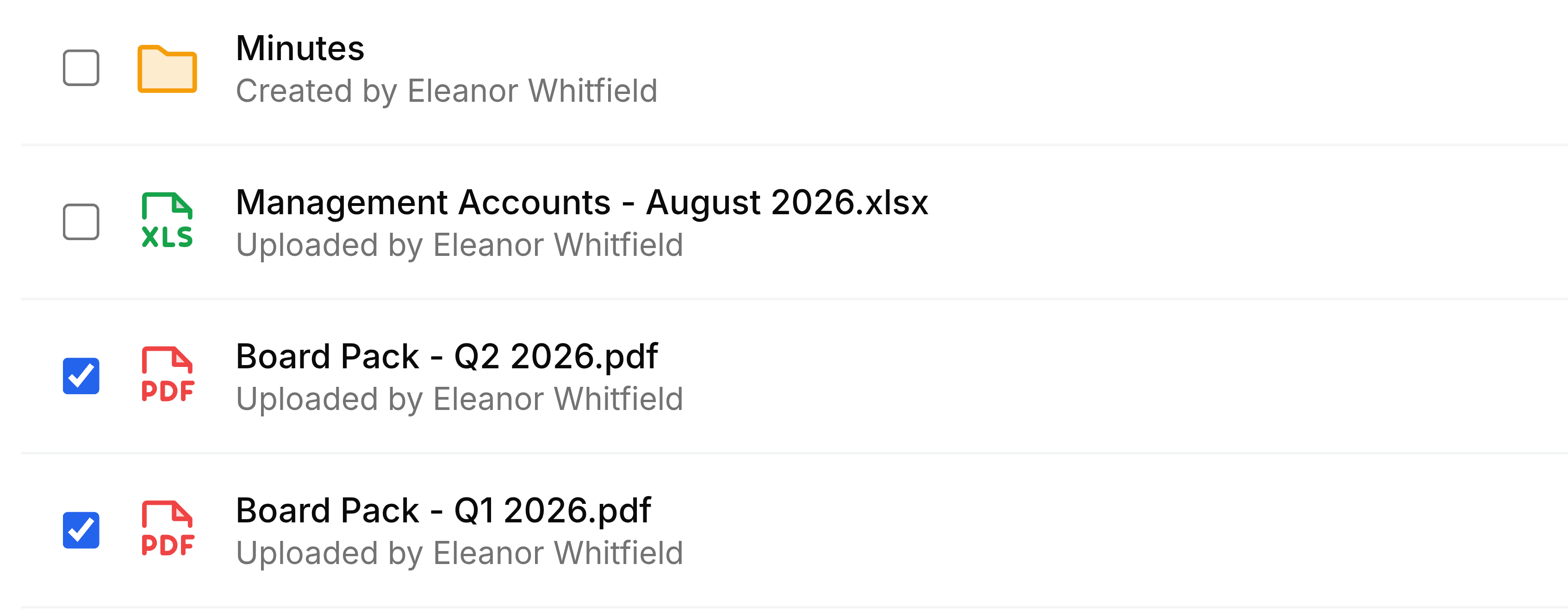 The Board Packs folder with two of its four rows ticked: Board Pack - Q2 2026.pdf and Board Pack - Q1 2026.pdf. The Minutes folder and Management Accounts - August 2026.xlsx above them are not ticked.