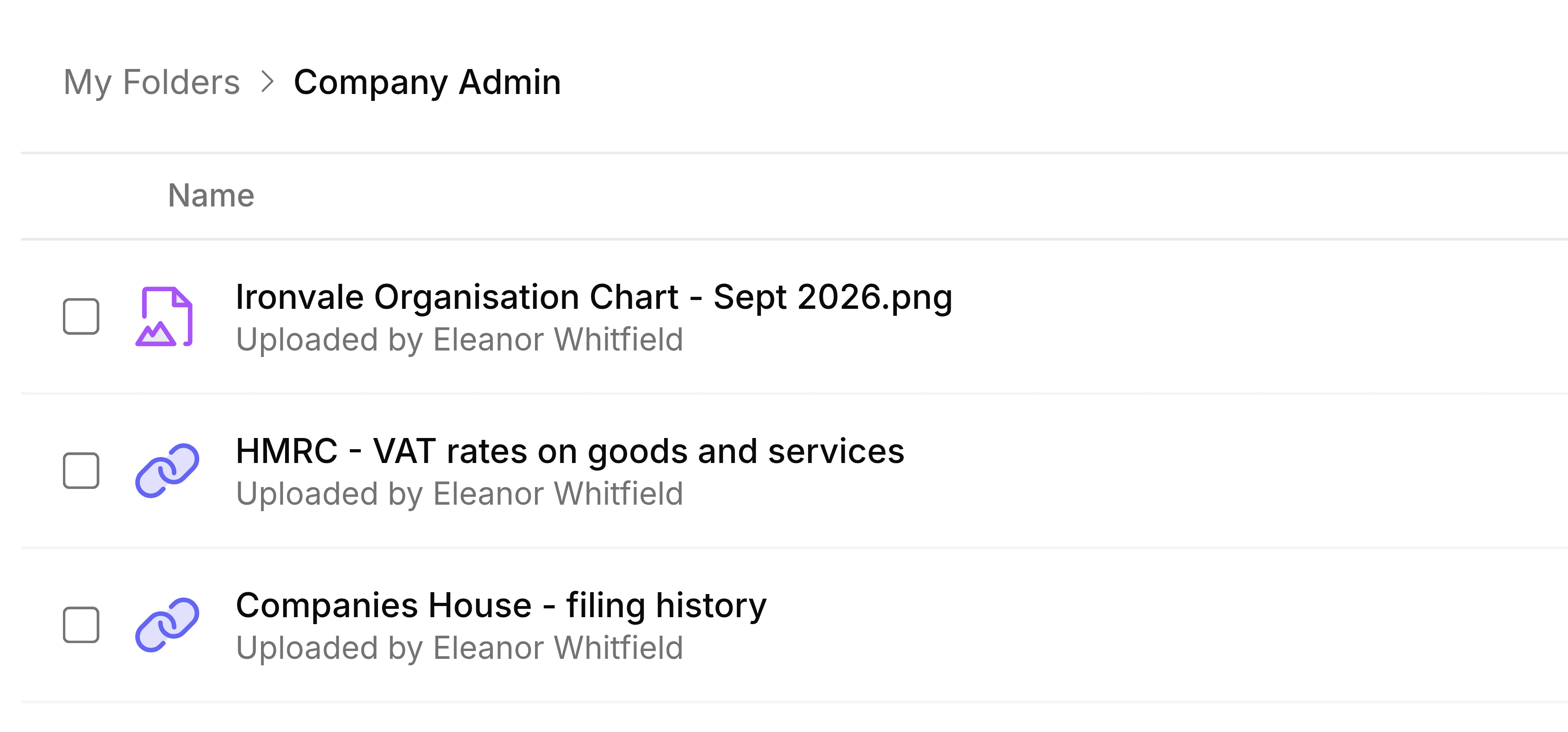 The Company Admin folder, with the path My Folders then Company Admin. It holds Ironvale Organisation Chart - Sept 2026.png with an image icon, and two links with chain icons: HMRC - VAT rates on goods and services, and Companies House - filing history, each uploaded by Eleanor Whitfield.