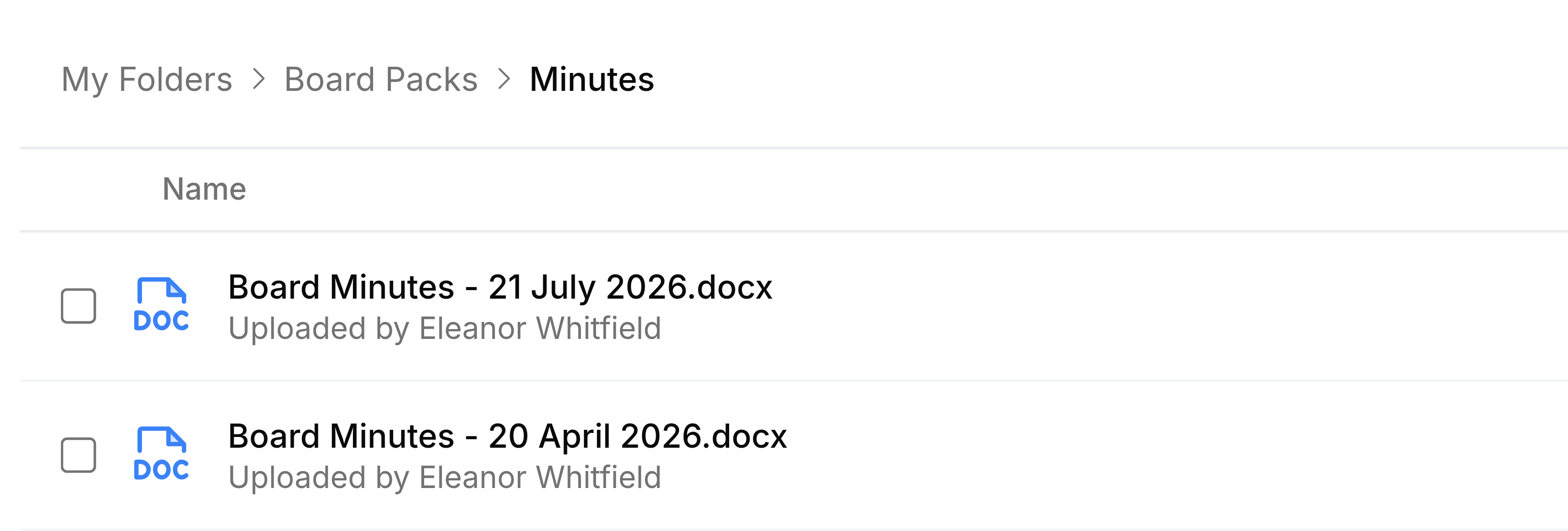 The Minutes folder open inside Board Packs. The path at the top reads My Folders, then Board Packs, then Minutes. Below it two files, Board Minutes - 21 July 2026.docx and Board Minutes - 20 April 2026.docx, each uploaded by Eleanor Whitfield.