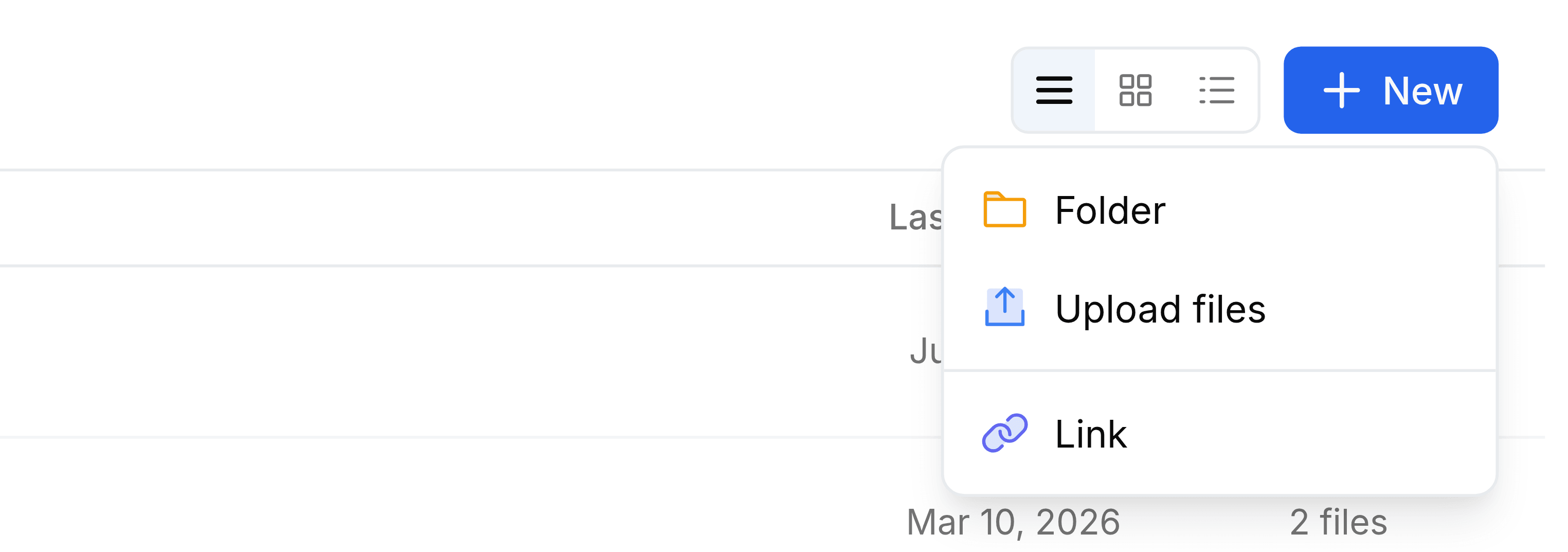 The New button at the top right of My Folders, open to show three choices: Folder, Upload files and, below a divider, Link.
