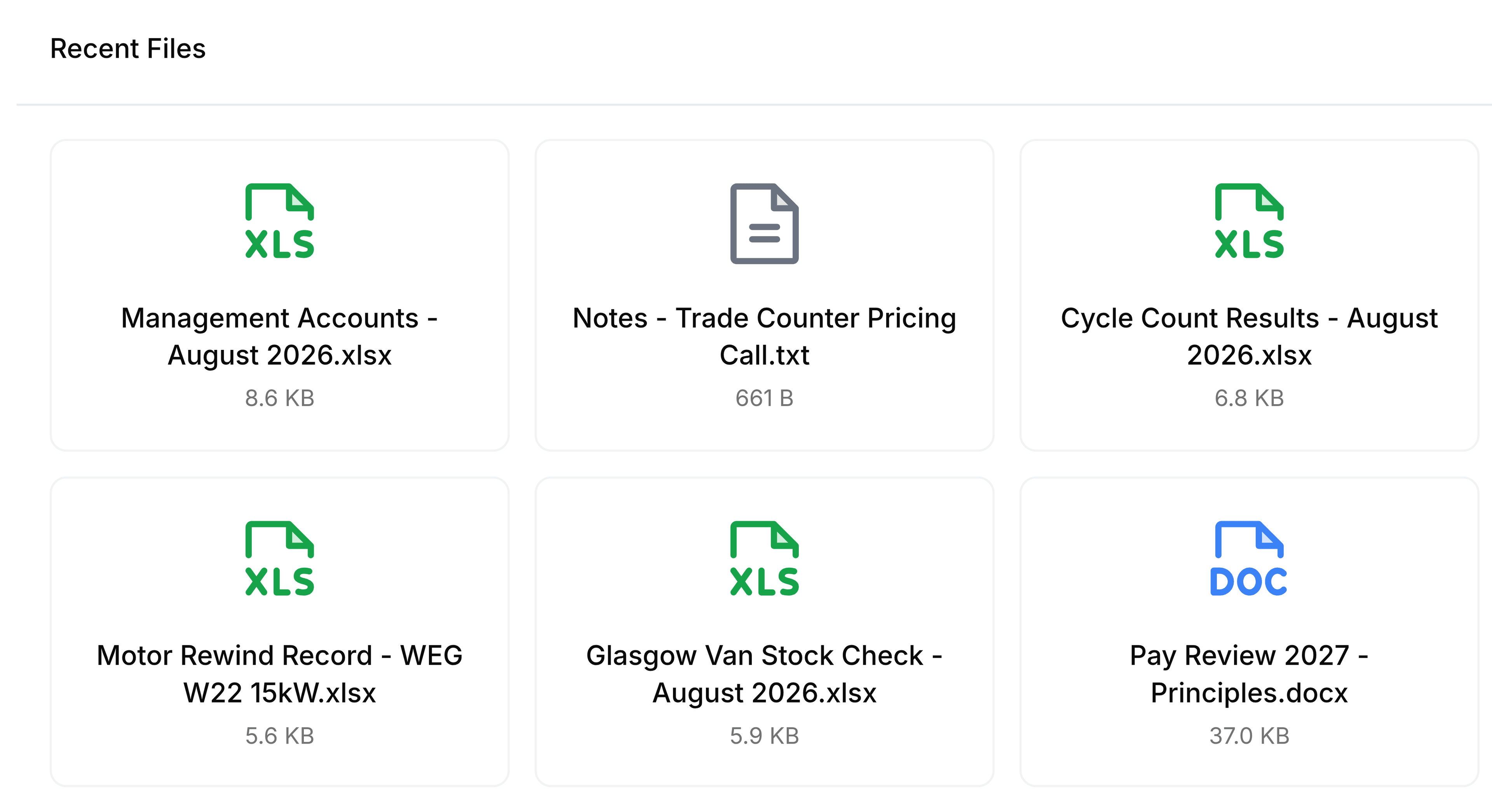 Recent Files in the Grid view. Three columns of cards are visible, each with a large coloured file type icon, the file name beneath it and its size: Management Accounts - August 2026.xlsx 8.6 KB, Notes - Trade Counter Pricing Call.txt 661 B, Cycle Count Results - August 2026.xlsx 6.8 KB, then Motor Rewind Record - WEG W22 15kW.xlsx, Glasgow Van Stock Check - August 2026.xlsx and Pay Review 2027 - Principles.docx.
