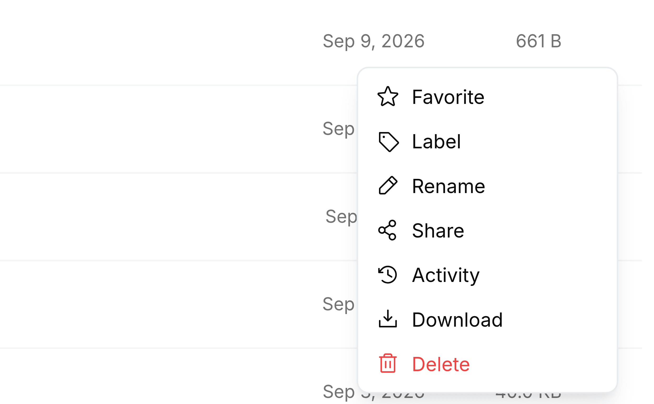 The menu for one row in Recent Files, open at the right-hand end of the list beside the dates and sizes. It lists Favorite, Label, Rename, Share, Activity, Download and, in red, Delete.