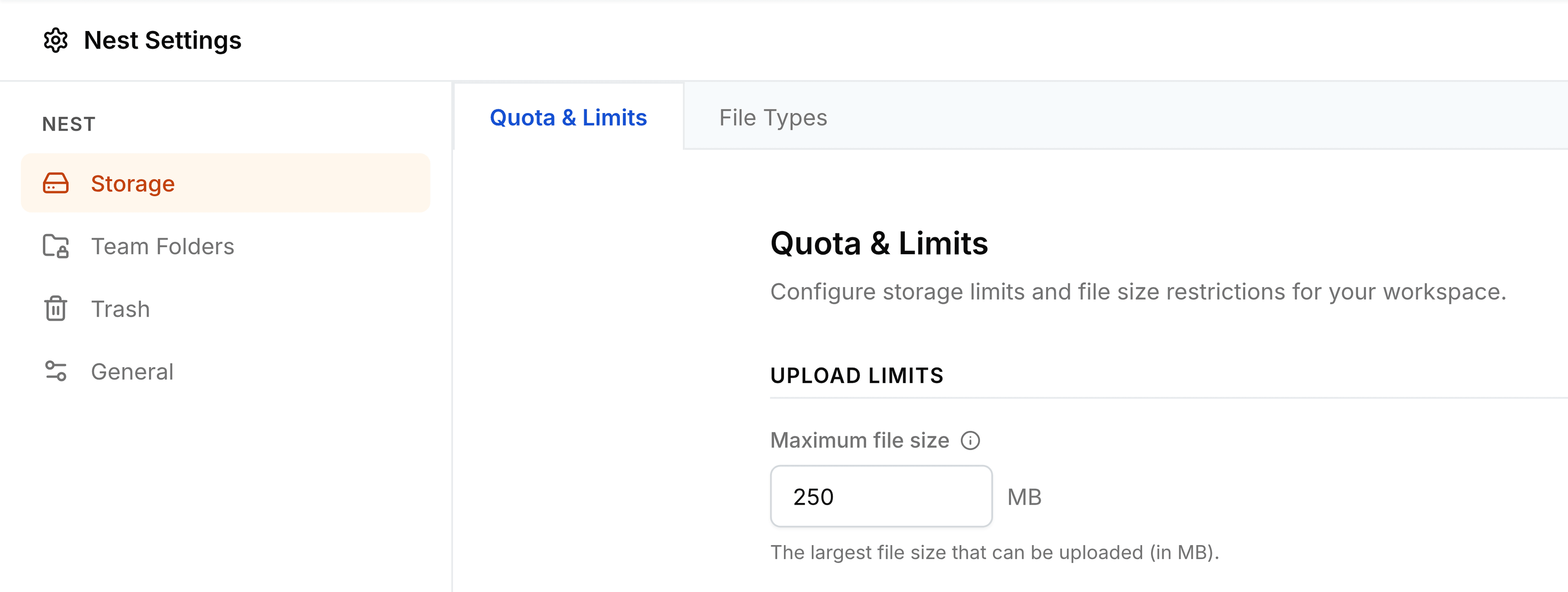 Nest's settings, headed Nest Settings. A column on the left lists four pages under Nest: Storage, highlighted, then Team Folders, Trash and General. On the right, the Storage page's tabs read Quota & Limits and File Types, above the heading Quota & Limits and a Maximum file size box reading 250 MB.