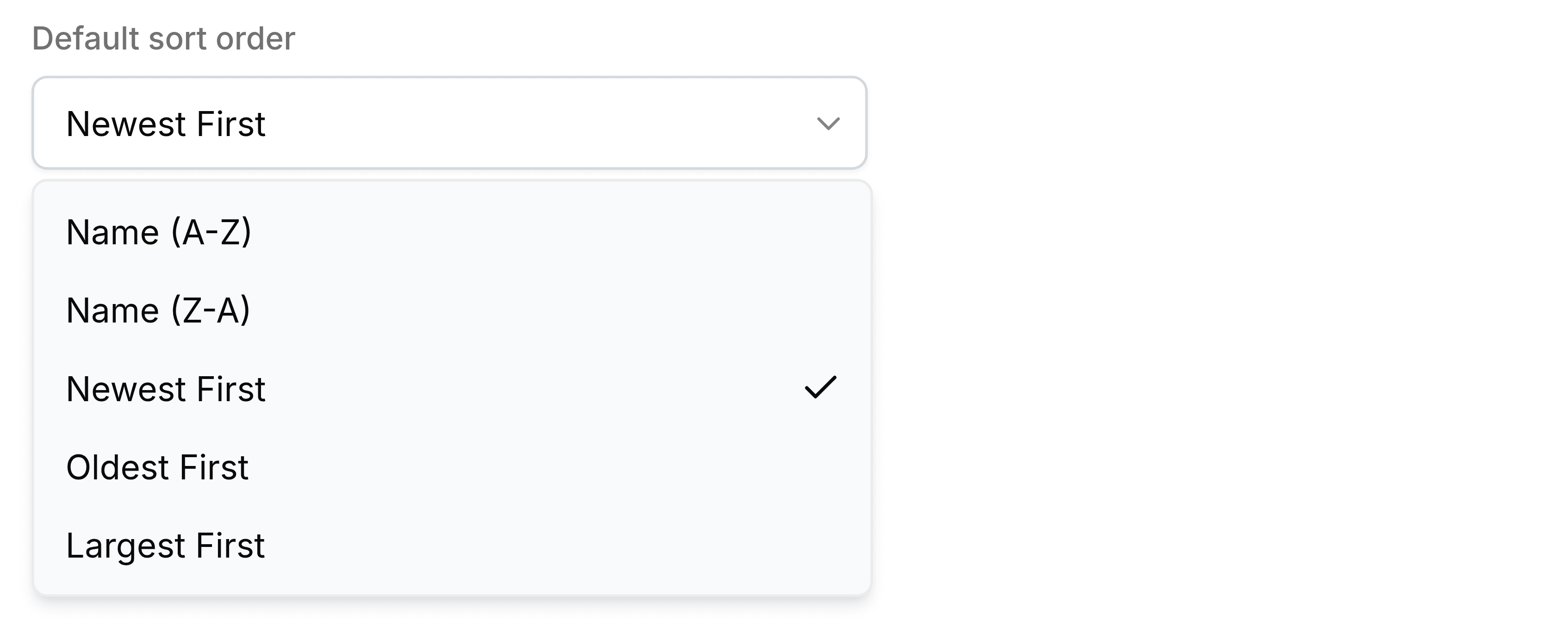 The Default sort order list open, offering Name (A-Z), Name (Z-A), Newest First, ticked, Oldest First and Largest First.