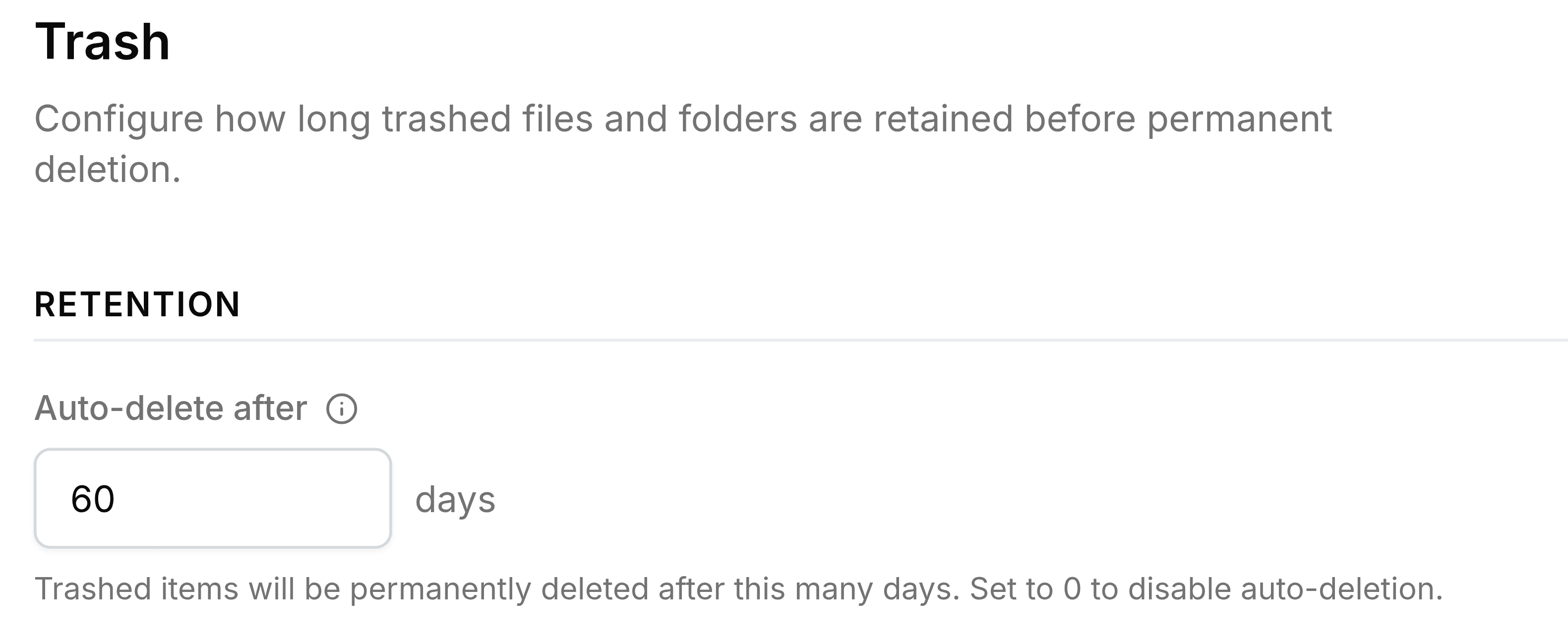 The Trash page of Nest's settings, headed Trash, with the line Configure how long trashed files and folders are retained before permanent deletion. Under Retention, the Auto-delete after box reads 60 days, with the note Trashed items will be permanently deleted after this many days. Set to 0 to disable auto-deletion.