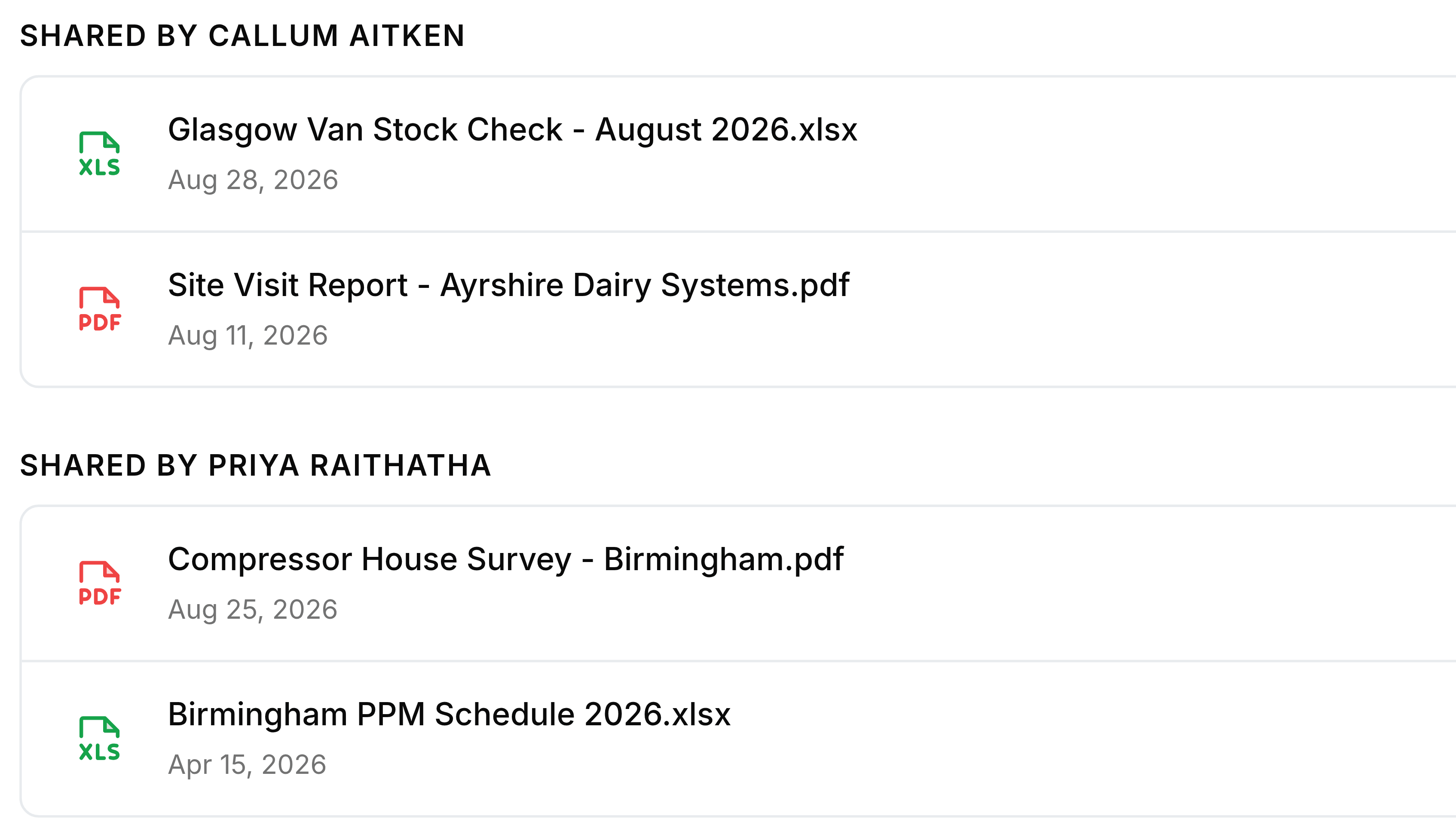 Two groups in Shared with Me. The first, headed Shared by Callum Aitken, holds Glasgow Van Stock Check - August 2026.xlsx dated Aug 28, 2026 and Site Visit Report - Ayrshire Dairy Systems.pdf dated Aug 11, 2026. The second, headed Shared by Priya Raithatha, holds Compressor House Survey - Birmingham.pdf dated Aug 25, 2026 and Birmingham PPM Schedule 2026.xlsx dated Apr 15, 2026.