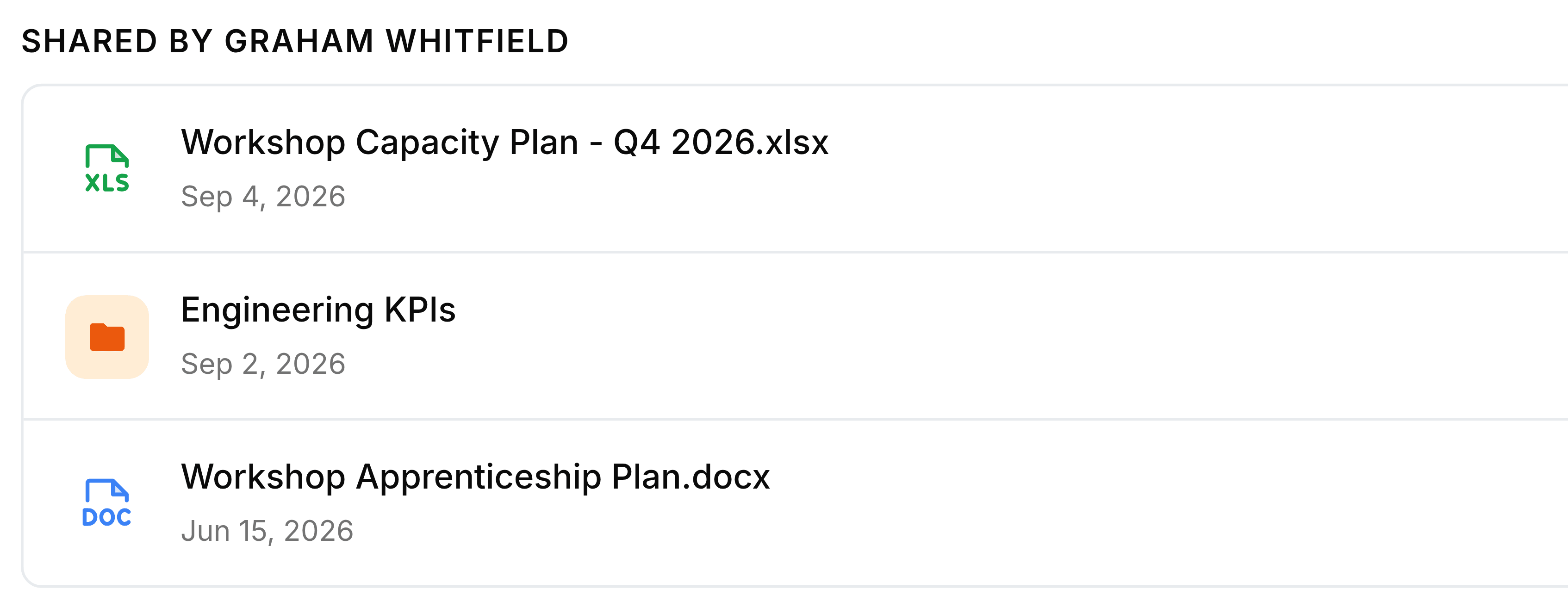 The group headed Shared by Graham Whitfield in Shared with Me, holding Workshop Capacity Plan - Q4 2026.xlsx dated Sep 4, 2026, an Engineering KPIs folder dated Sep 2, 2026, and Workshop Apprenticeship Plan.docx dated Jun 15, 2026.