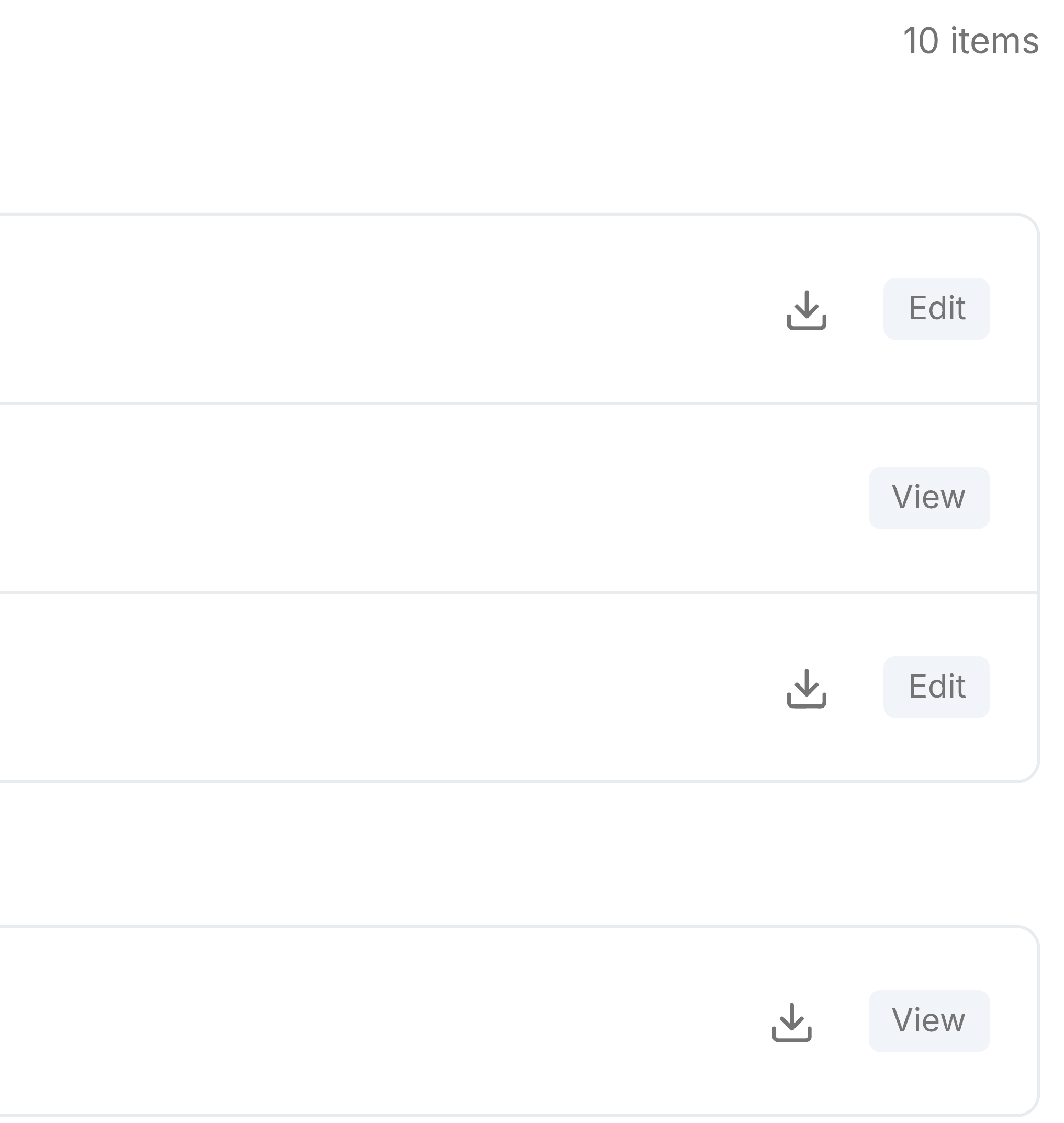 The right-hand end of Shared with Me. At the top the count 10 items. Below it three rows from the first group: a download arrow with an Edit tag, a folder row with a View tag and no arrow, and a download arrow with an Edit tag. Under the next group, one more row with a download arrow and a View tag.
