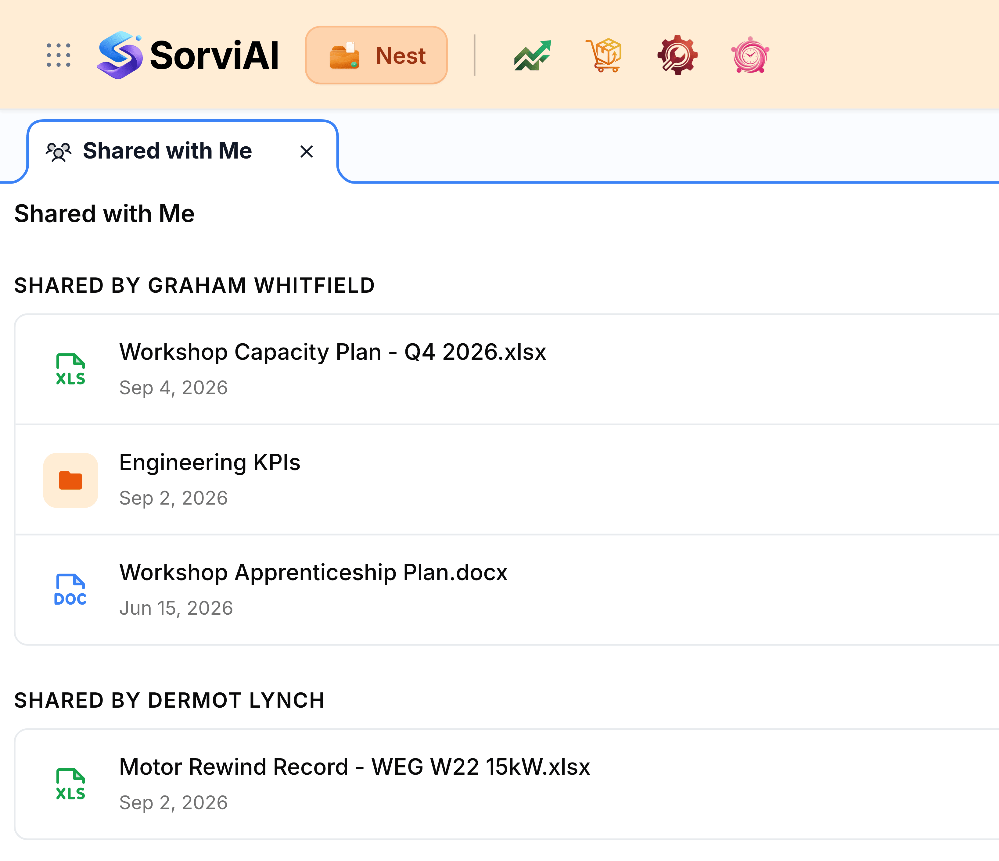 The top left of Nest with Shared with Me open. Below the header and a Shared with Me tab, the heading Shared with Me and a group headed Shared by Graham Whitfield holding Workshop Capacity Plan - Q4 2026.xlsx dated Sep 4, 2026, an Engineering KPIs folder dated Sep 2, 2026, and Workshop Apprenticeship Plan.docx dated Jun 15, 2026. Beneath it a second group headed Shared by Dermot Lynch holds Motor Rewind Record - WEG W22 15kW.xlsx.