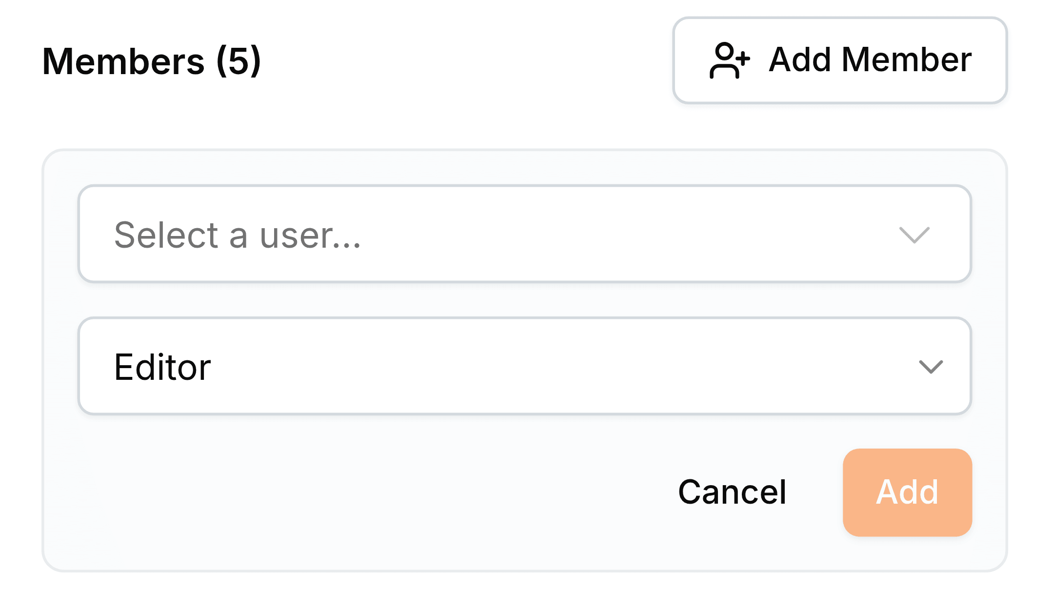 The add member form at the top of the Members tab: a Select a user list, a role list already reading Editor, and Cancel and a pale orange Add button.