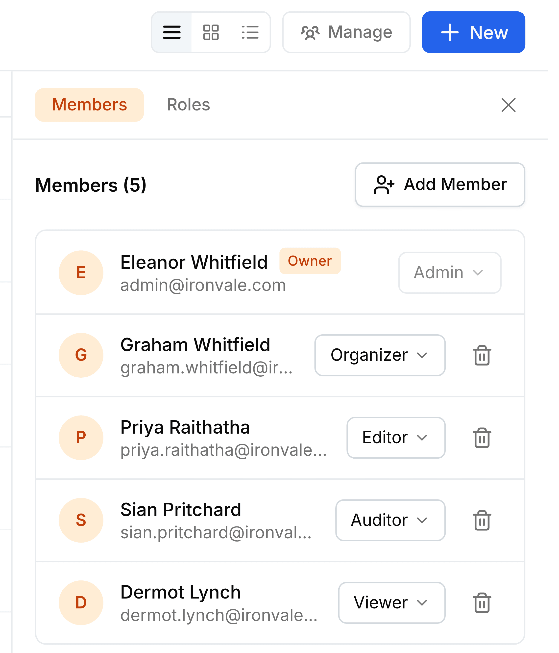 The Manage panel open beside the Quality & ISO 9001 team folder, on its Members tab. It reads Members (5) with an Add Member button. Eleanor Whitfield is marked Owner with the role Admin greyed out. Below her, Graham Whitfield is an Organizer, Priya Raithatha an Editor, Sian Pritchard an Auditor and Dermot Lynch a Viewer, each with a role list and a bin icon.