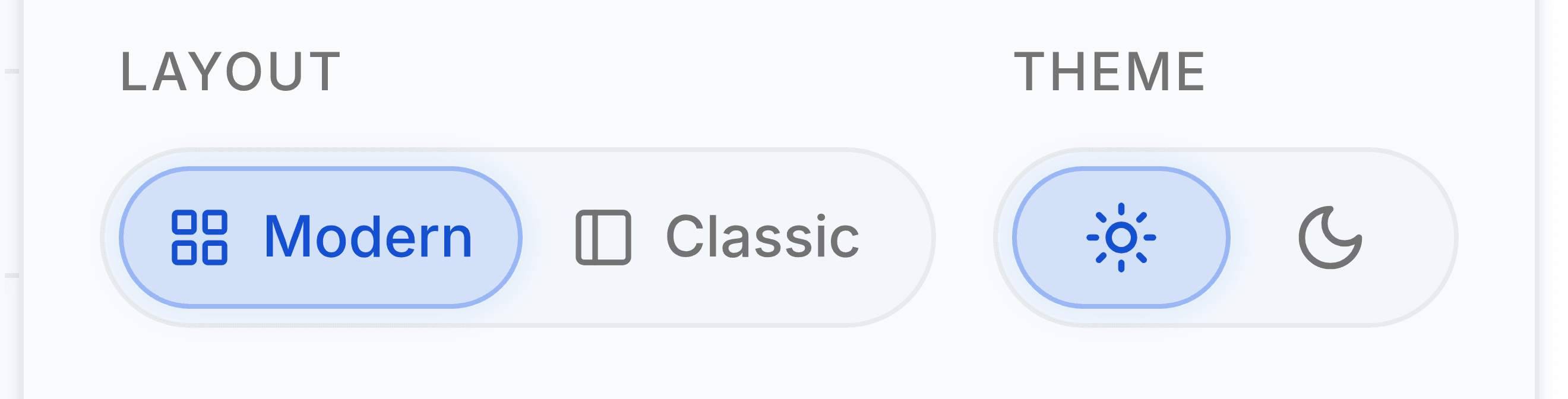 The Layout and Theme controls in the profile menu. Layout is a two-part switch reading Modern and Classic, with Modern selected. Theme sits beside it as a sun and moon pair.