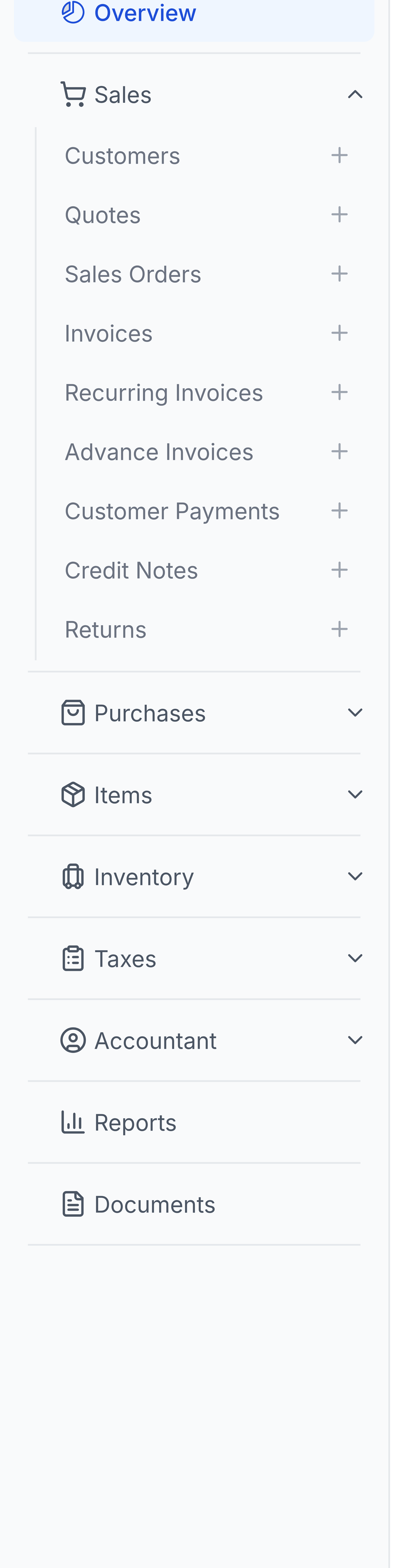 The Finance sidebar listing all nine modules: Overview, Sales, Purchases, Items, Inventory, Taxes, Accountant, Reports and Documents. The pointer rests on the Sales row, which has lifted into a hover state and shows a six-dot drag handle at its left edge.