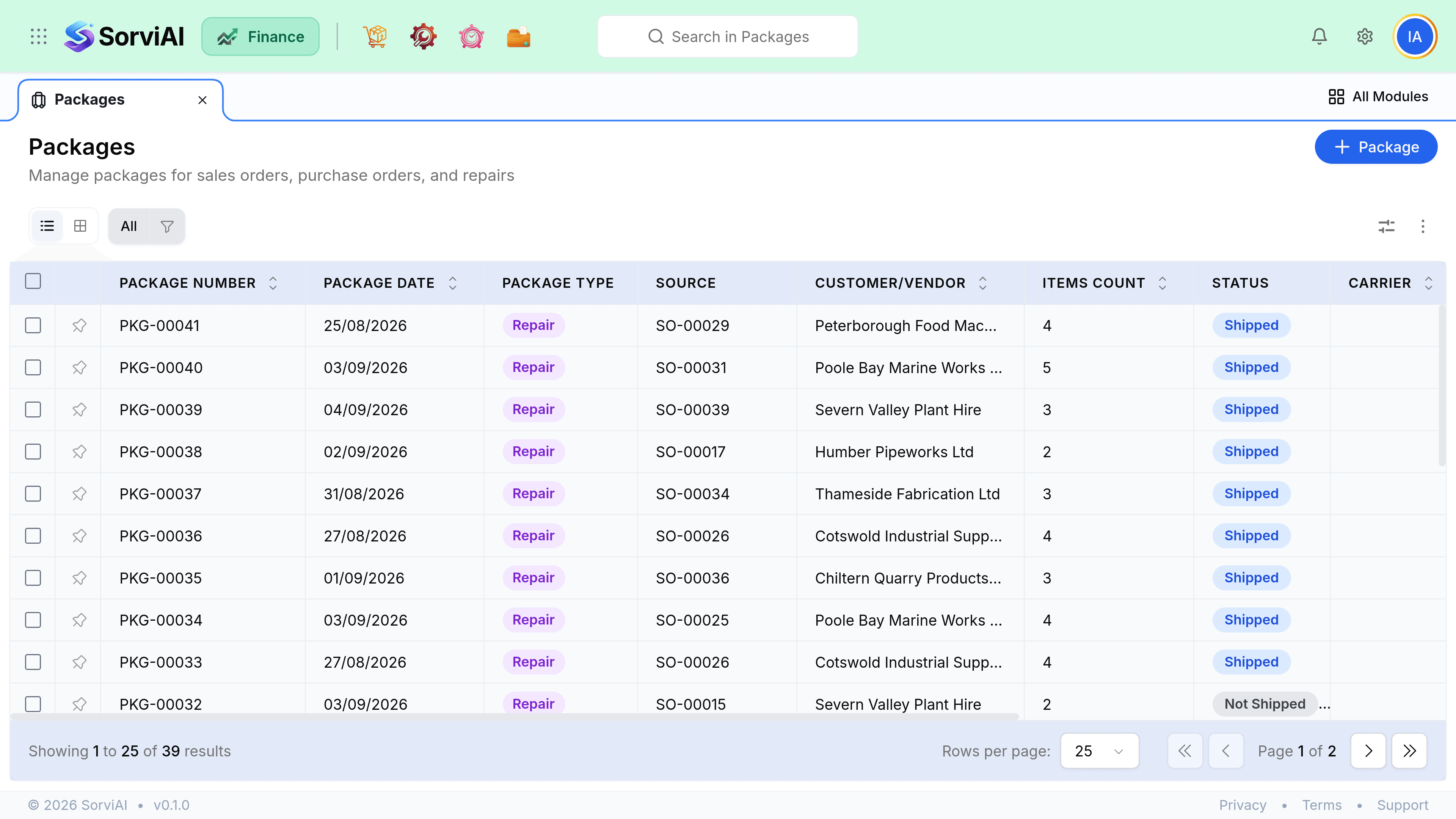 The Packages screen listing thirty-nine packages with columns for Package Number, Package Date, Package Type, Source, Customer/Vendor, Items Count, Status and Carrier. Status reads Shipped on most rows and Not Shipped on the rest, and carrier is filled only on the packages that have been despatched.