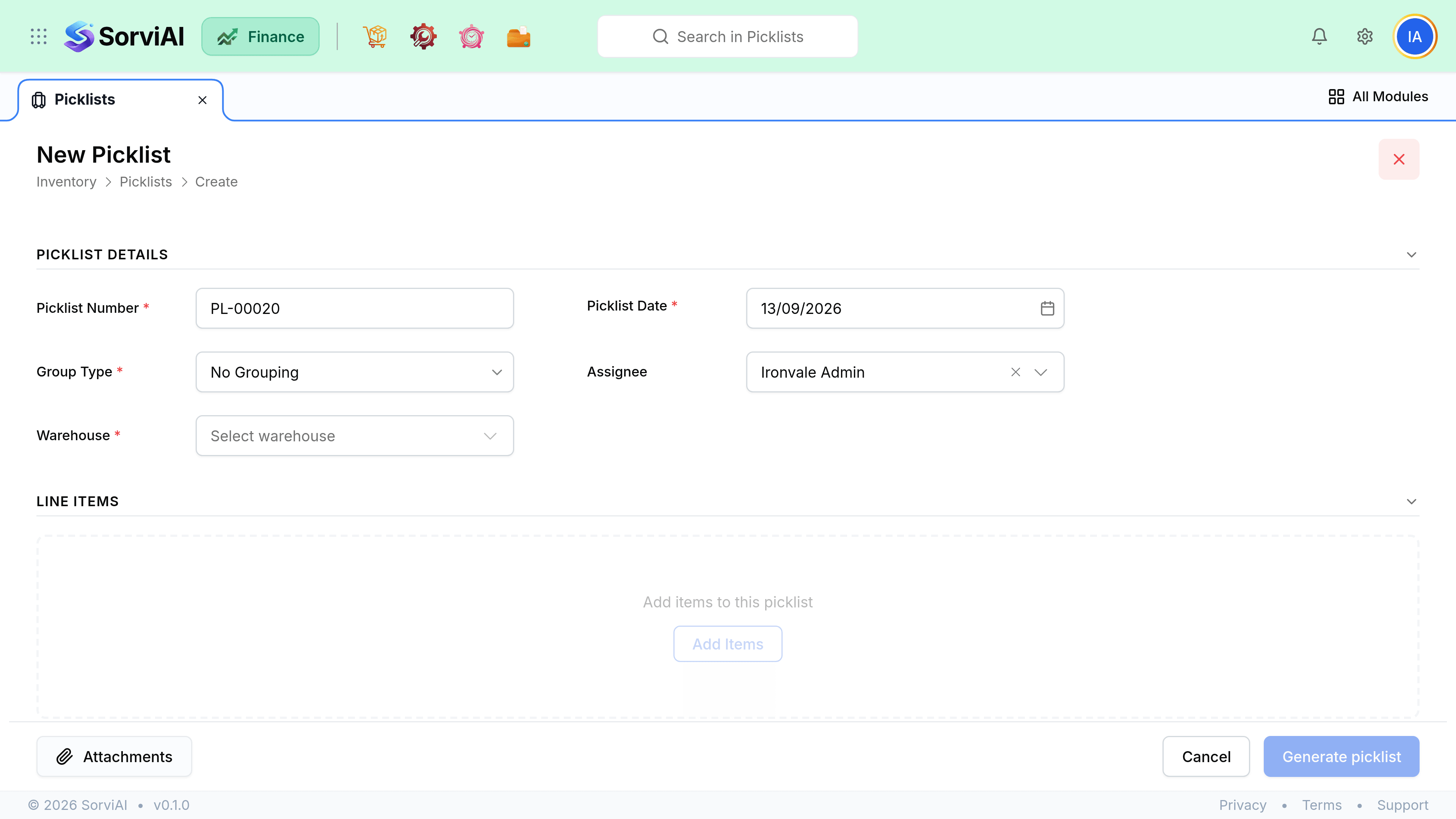 The New Picklist screen, where the date, warehouse, grouping and source sales order are chosen before the lines to be picked are added.