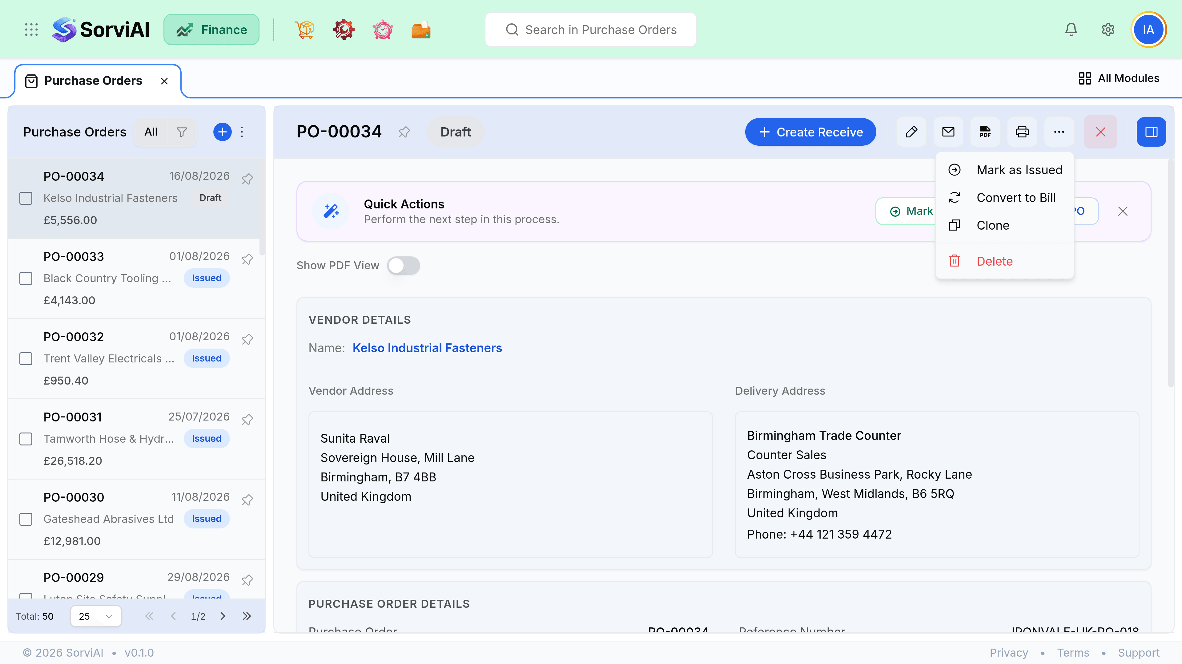 The overflow menu on an open purchase order, reached from the three-dot button in the record's toolbar. It offers Mark as Issued, Convert to Bill, Clone, and in red at the foot Delete.