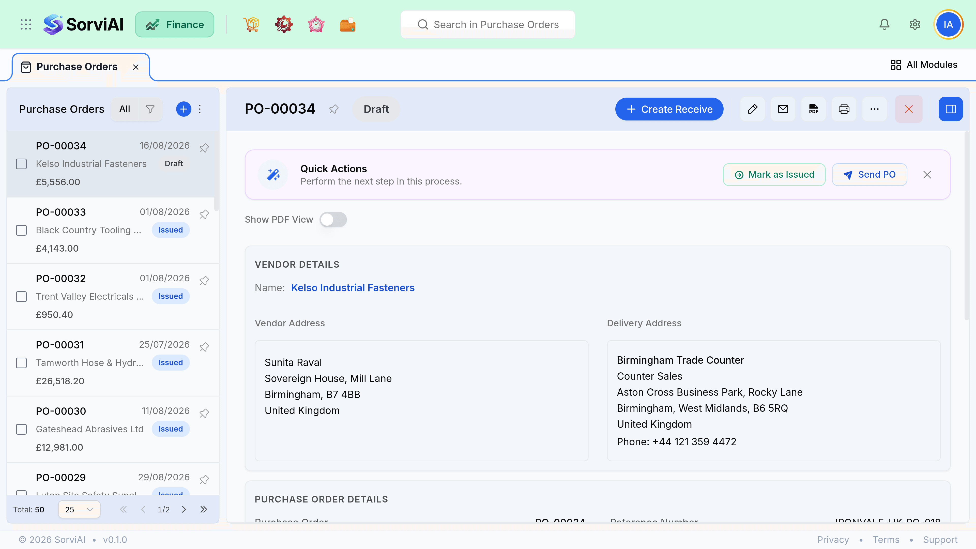 An open purchase order, PO-00001, with its status, the vendor it was raised against, the ordered lines and the record's own toolbar across the top.