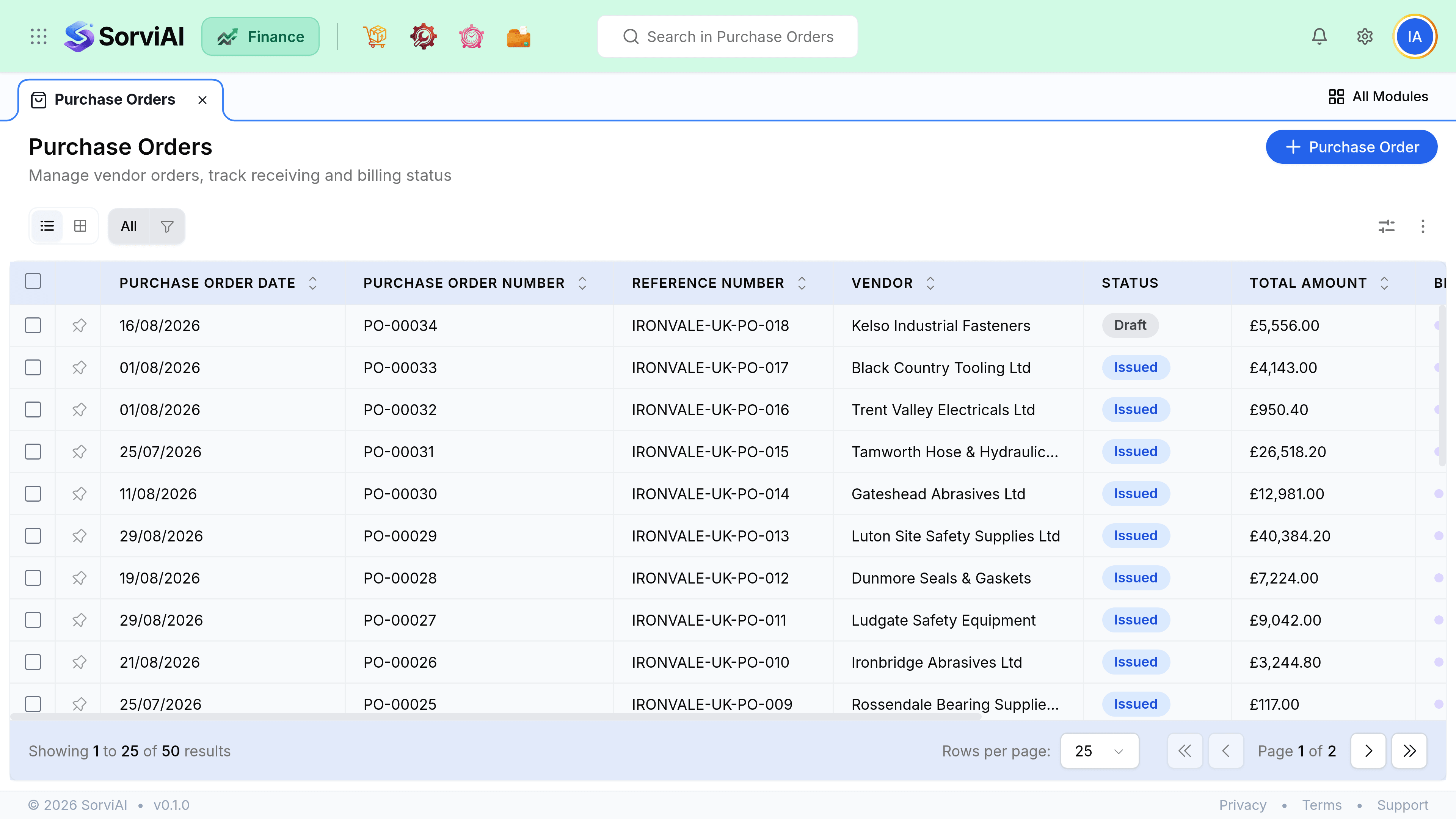 The Purchase Orders screen listing sixteen orders with columns for Date, PO #, Reference Number, Vendor, Status, Amount, Billed, Delivery Date, Received and Created Time. The first row, PO-00001 against Halberd Bearings Ltd, is Draft for 489.00 and reads Not Billed.