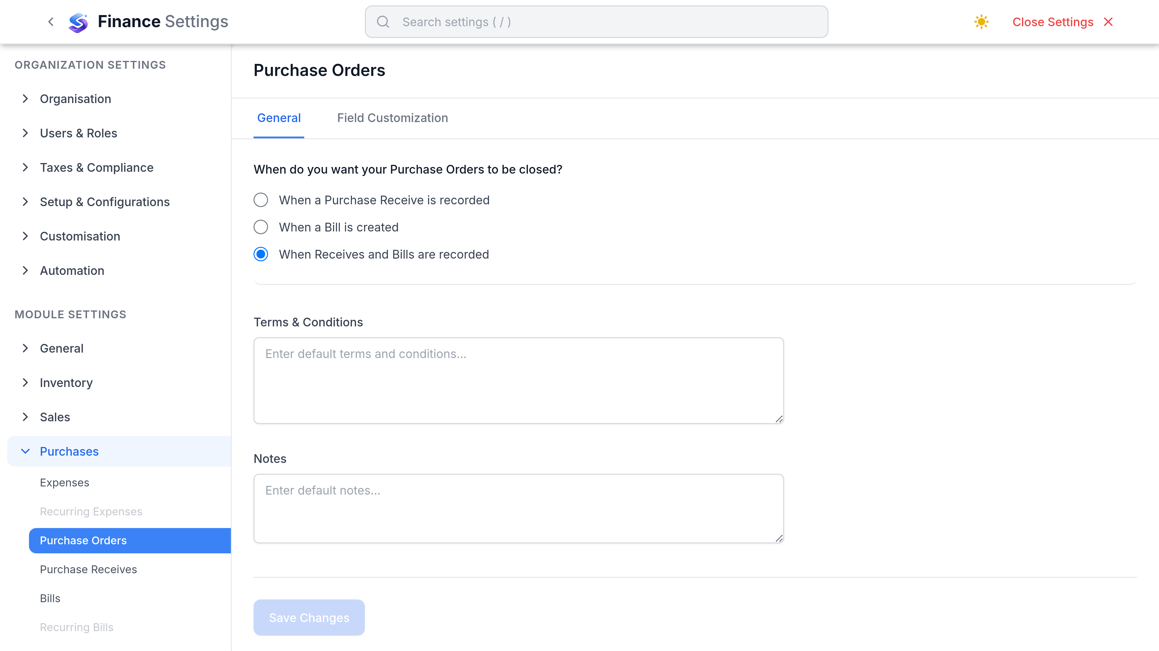 Finance Settings with Purchases selected in the left rail and the Purchase Orders tab open, alongside tabs for Vendors, Expenses, Purchase Receives, Bills, Vendor Payments and Vendor Credits.