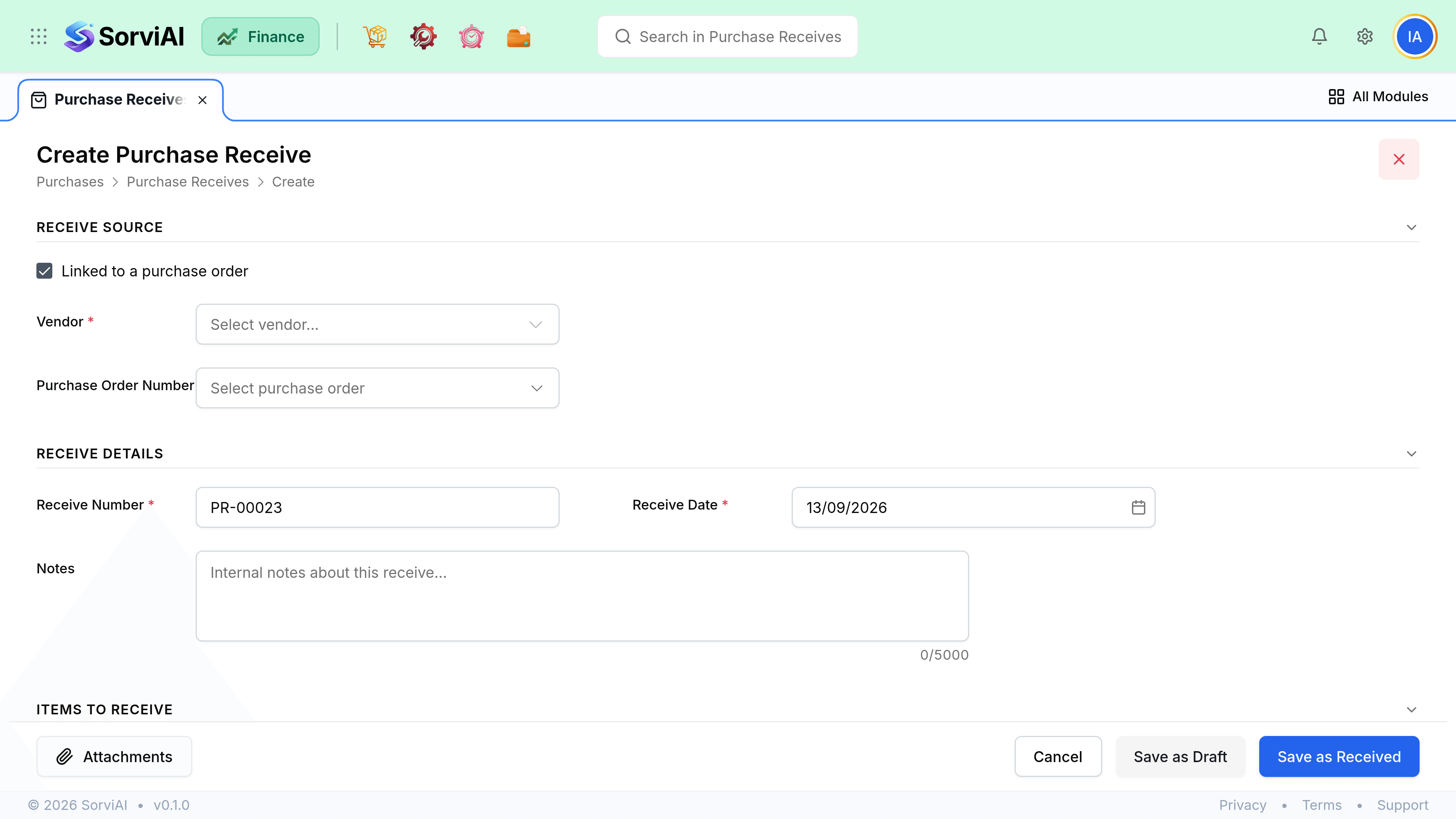 The New Purchase Receive screen, where the order being received against is chosen and each line's received quantity is entered before saving.