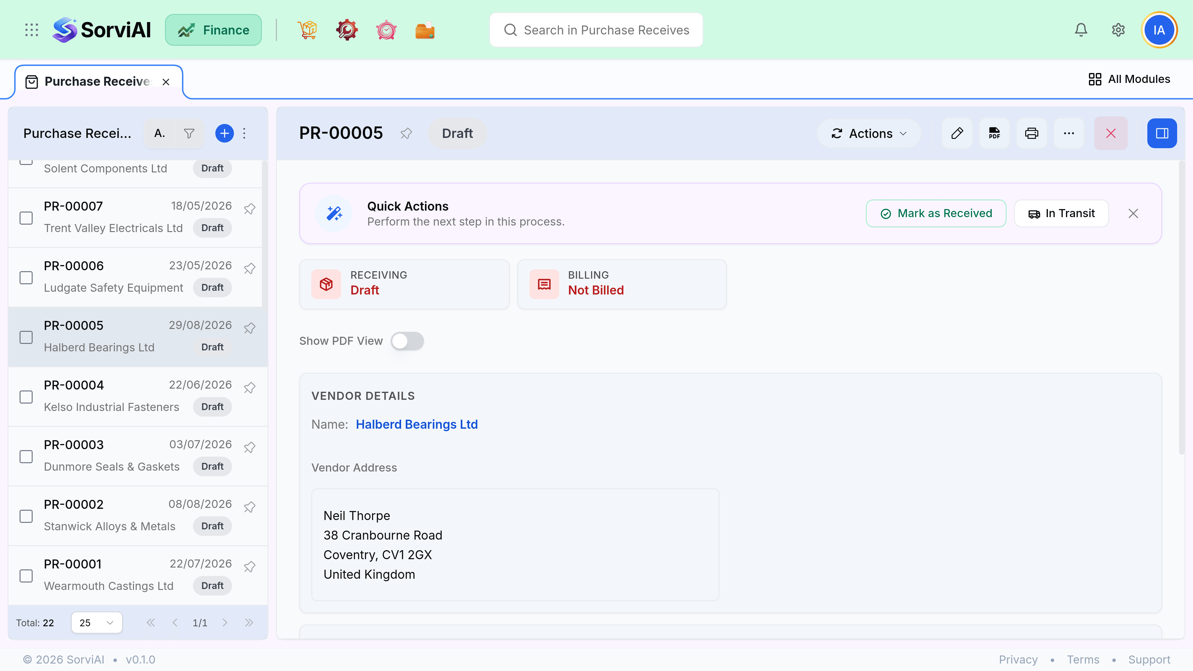 An open purchase receive, PR-00005, showing the order it was booked against, the warehouse the stock went into, and the quantities recorded on each line.