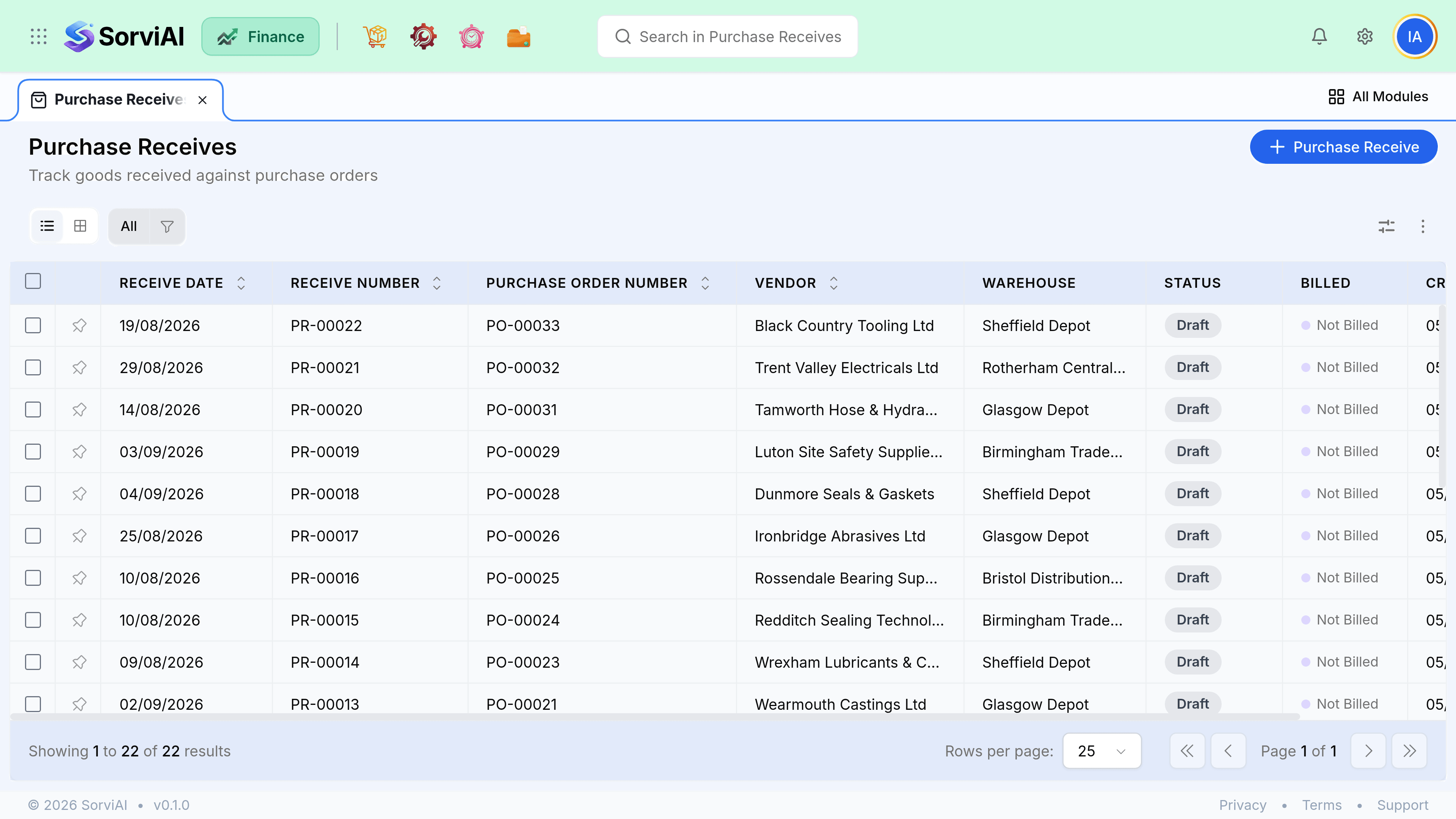 The Purchase Receives screen listing twenty-two receives with columns for Receive Date, Receive Number, Purchase Order Number, Vendor, Warehouse, Status and Billed. The first row, PR-00022, is booked against PO-00033 for Black Country Tooling Ltd into Sheffield Depot, and reads Draft and Not Billed.