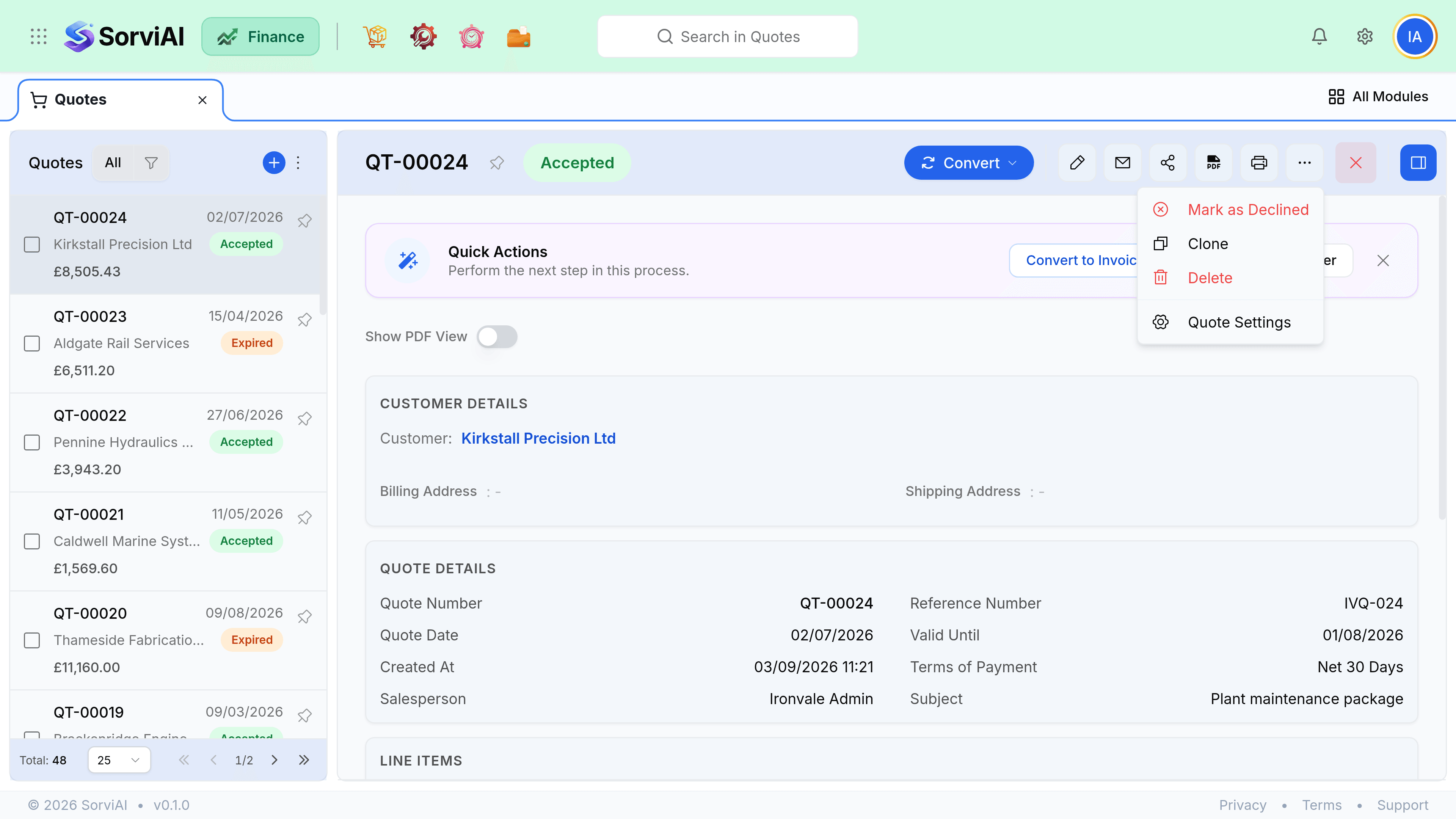 The more-actions menu open on a quote, listing Mark as Declined, Clone, Delete and Quote Settings. The Convert button and the activity panel are visible behind it, the panel showing entries for the quote being created, sent, expired and accepted.